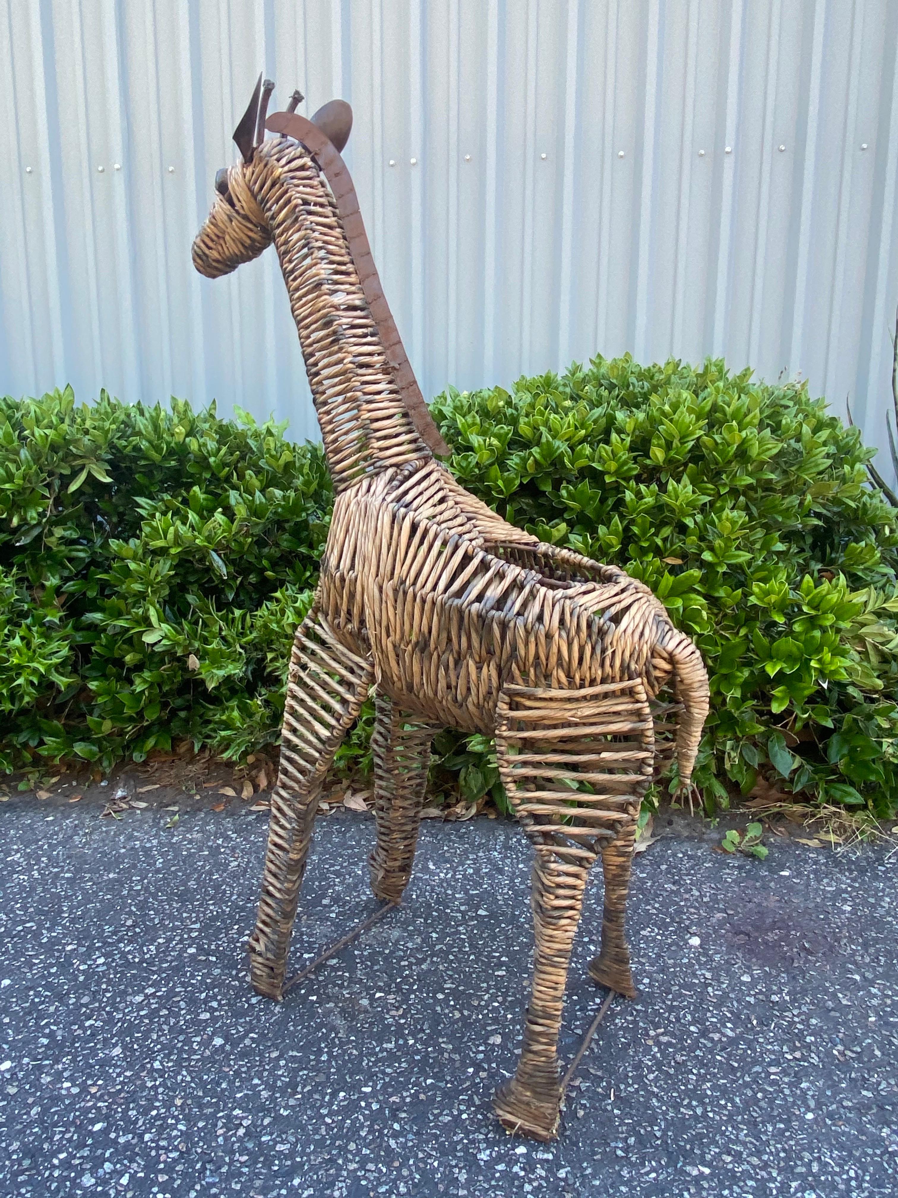 Unknown 1970’s sea grass and metal Giraffe Standing Sculptural Planter For Sale