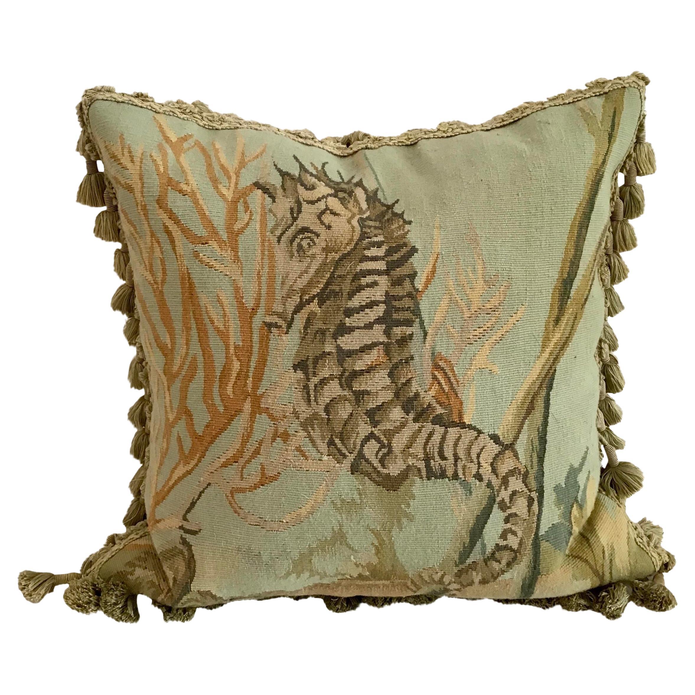 1970s Seahorse Aubusson Style Pillow For Sale