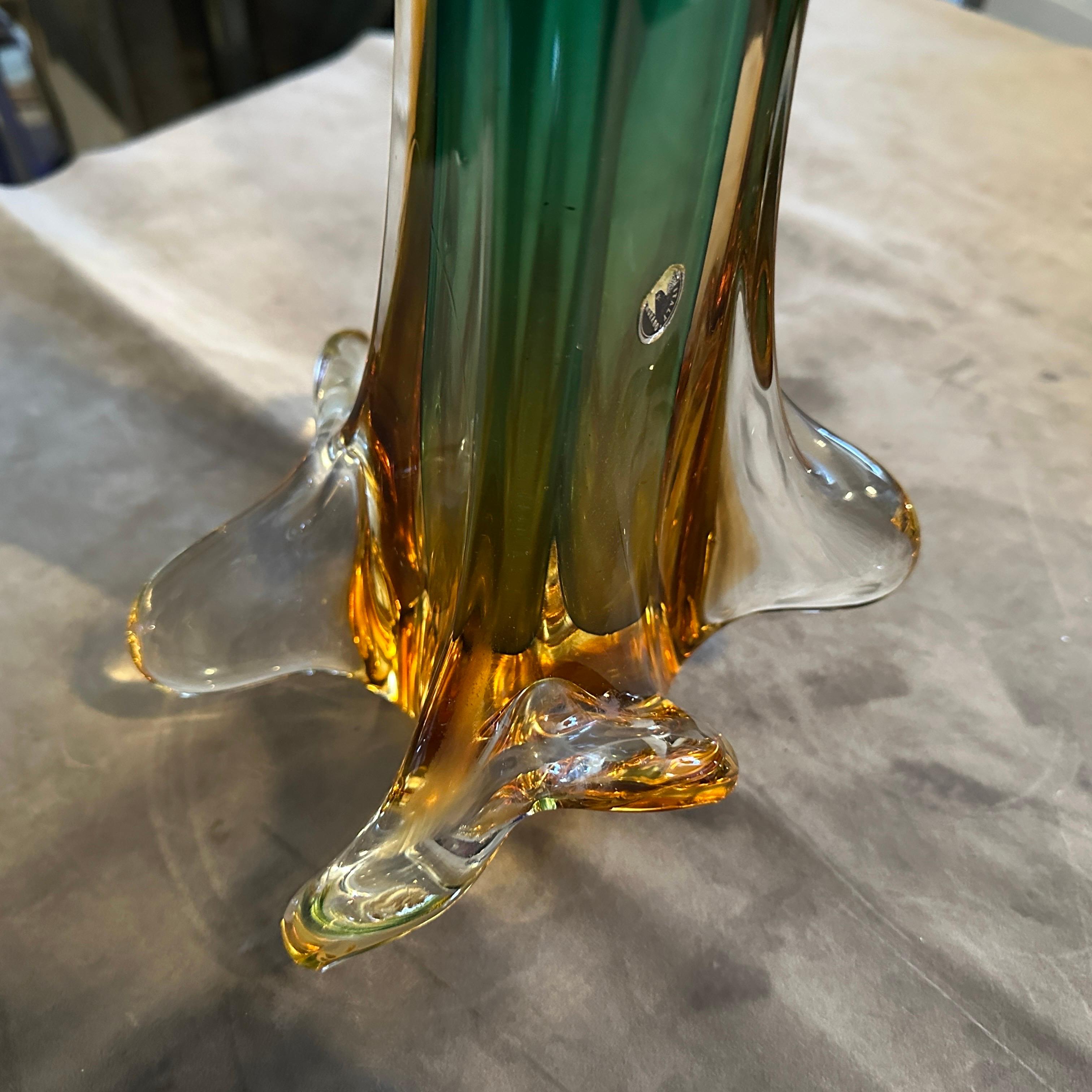 1970s Seguso Style Green and Yellow Sommerso Murano Glass Sculptural Vase For Sale 3