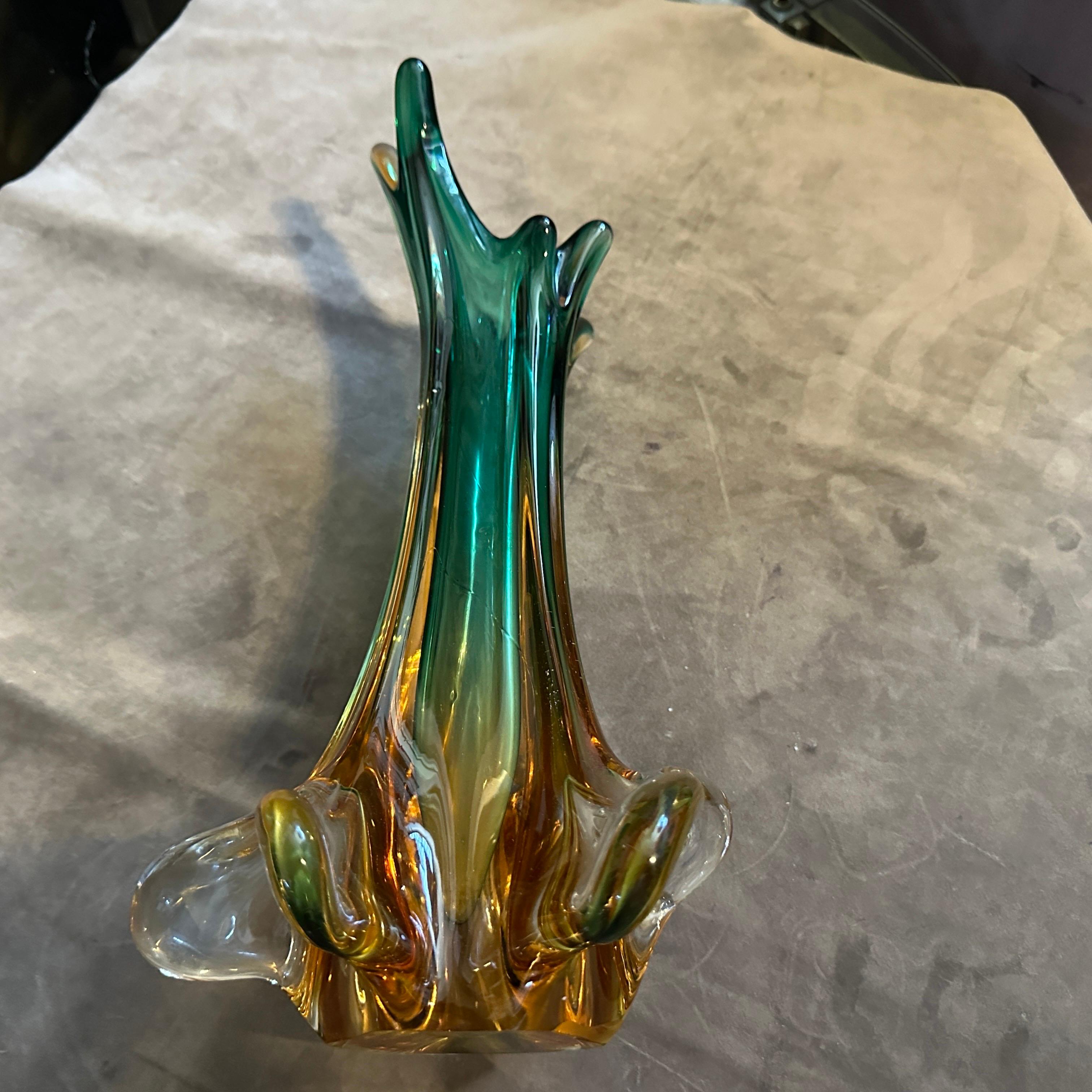 1970s Seguso Style Green and Yellow Sommerso Murano Glass Sculptural Vase For Sale 4