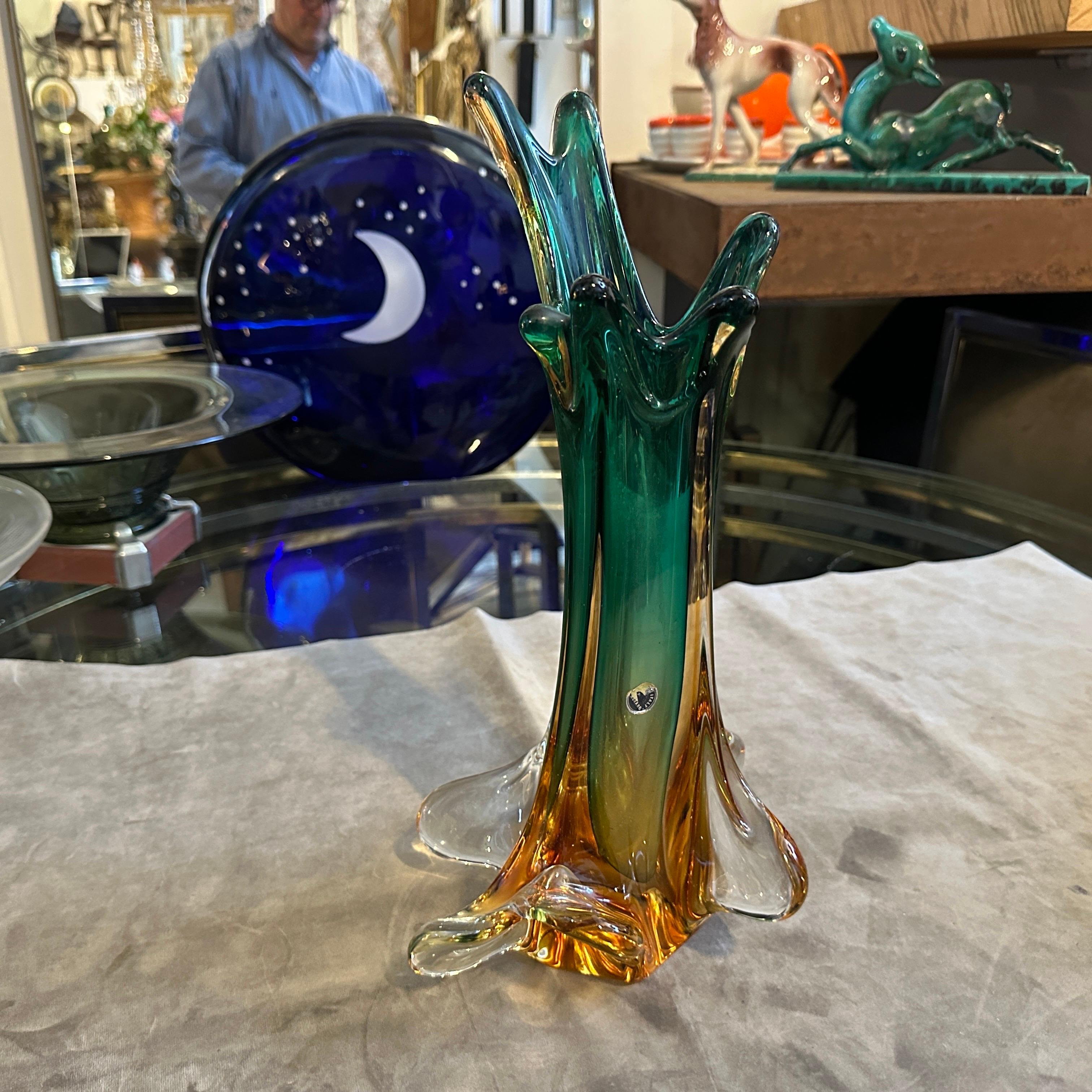 1970s Seguso Style Green and Yellow Sommerso Murano Glass Sculptural Vase For Sale 5
