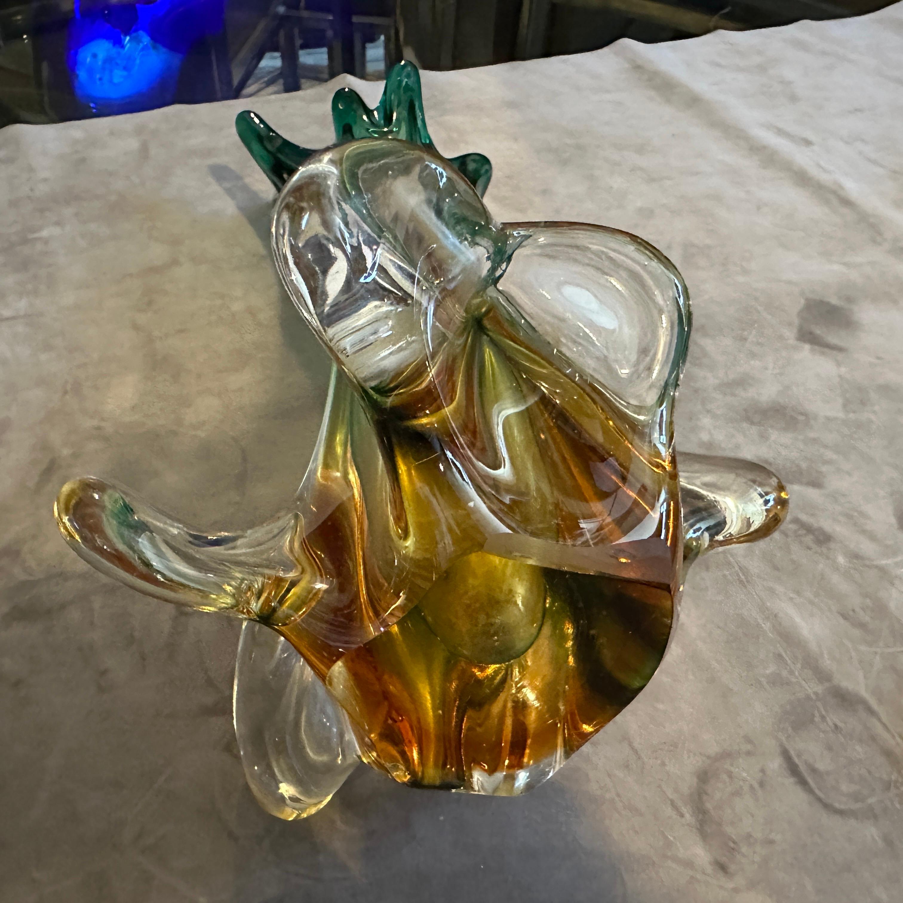 Modern 1970s Seguso Style Green and Yellow Sommerso Murano Glass Sculptural Vase For Sale