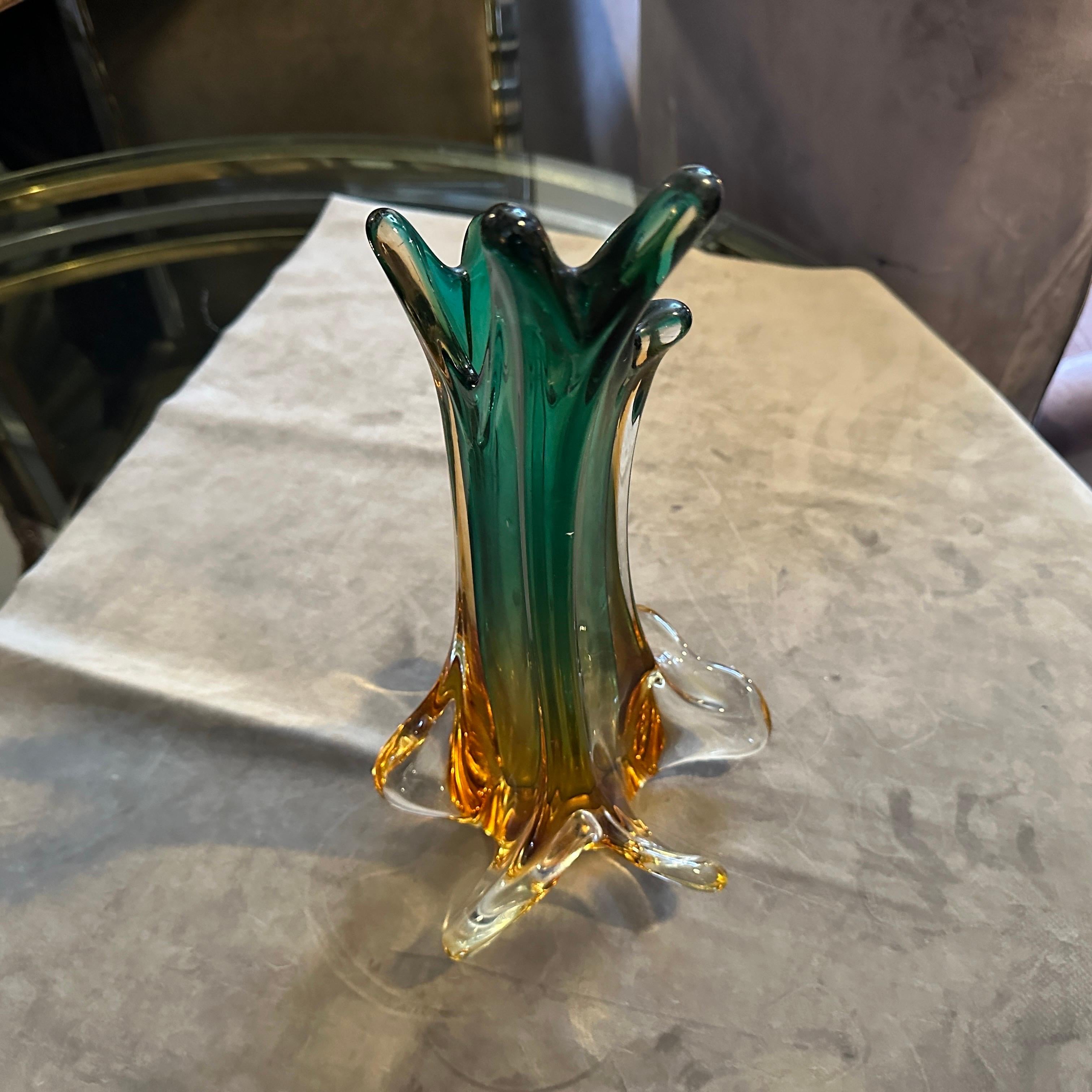 Italian 1970s Seguso Style Green and Yellow Sommerso Murano Glass Sculptural Vase For Sale