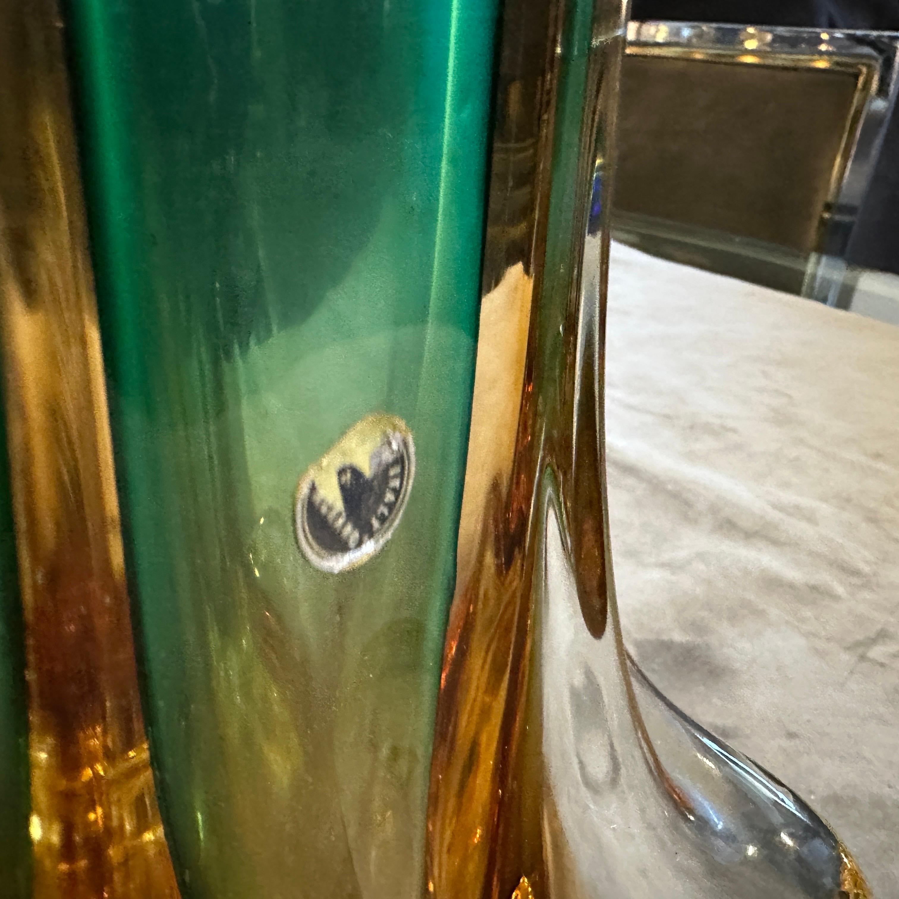 Hand-Crafted 1970s Seguso Style Green and Yellow Sommerso Murano Glass Sculptural Vase For Sale