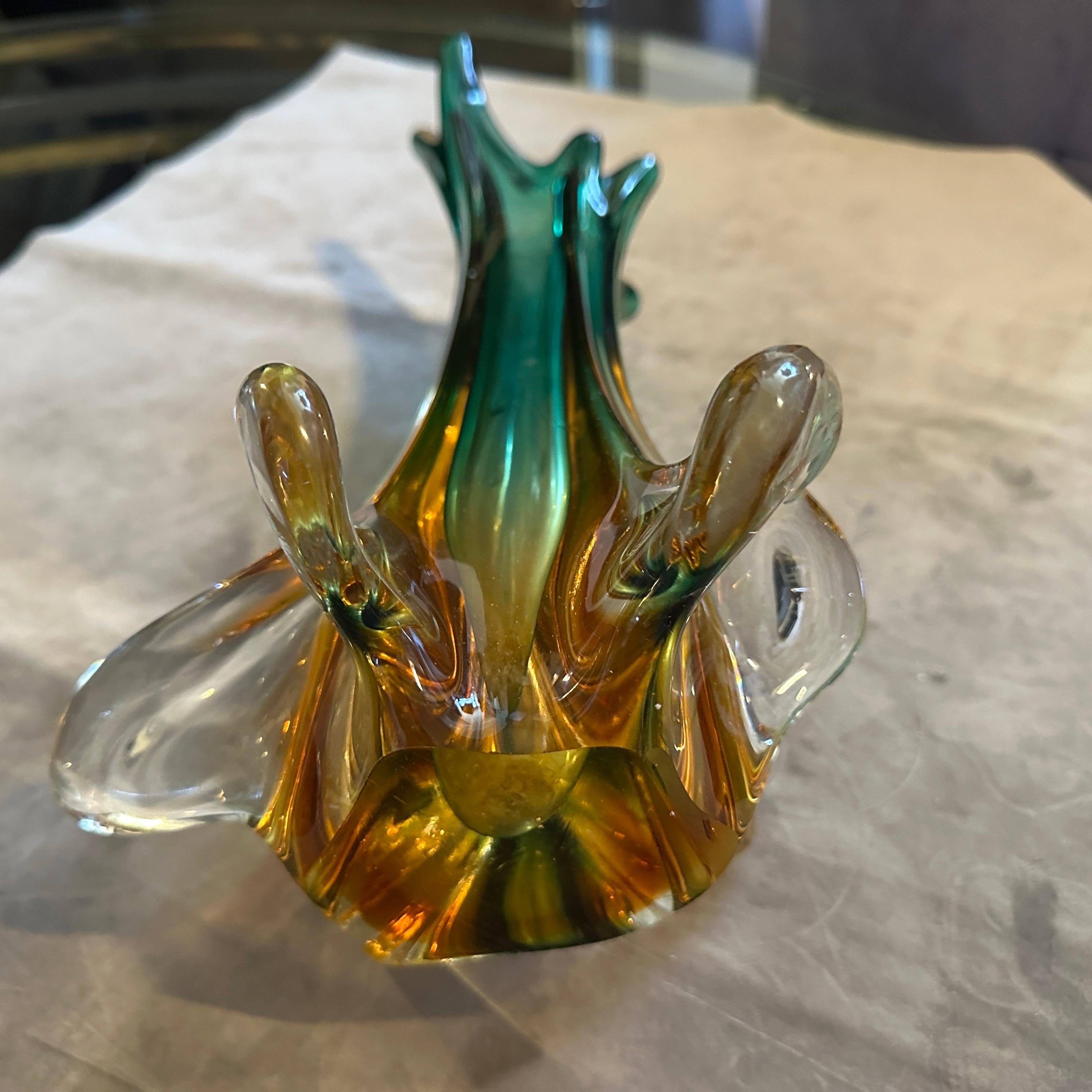 20th Century 1970s Seguso Style Green and Yellow Sommerso Murano Glass Sculptural Vase For Sale