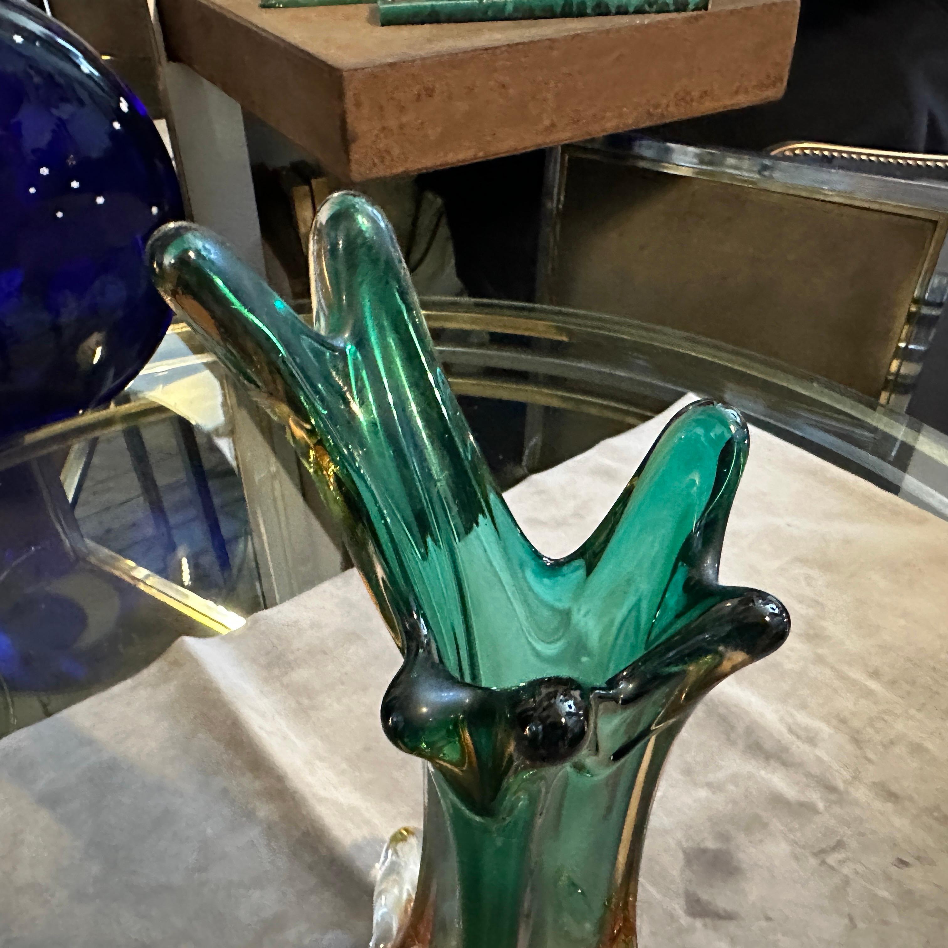 1970s Seguso Style Green and Yellow Sommerso Murano Glass Sculptural Vase For Sale 1