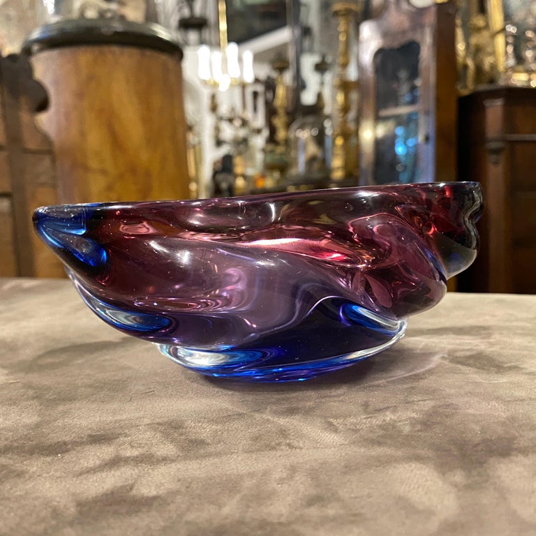 Italian 1970s Seguso Style Mid-Century Modern Purple and Blue Murano Glass Ashtray