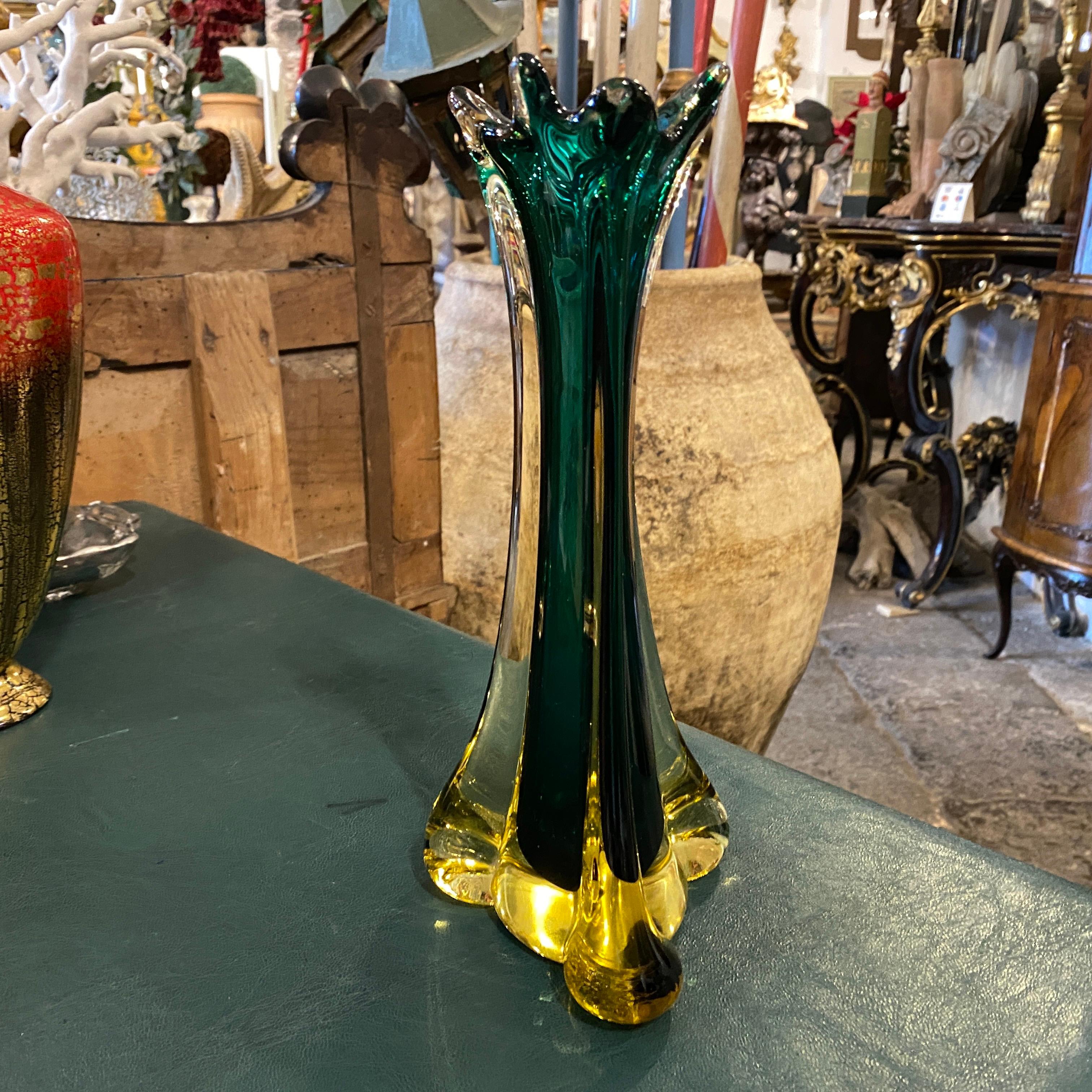 A 1970s Seguso Modernist Green and Yellow Sommerso Murano Glass Vase 3