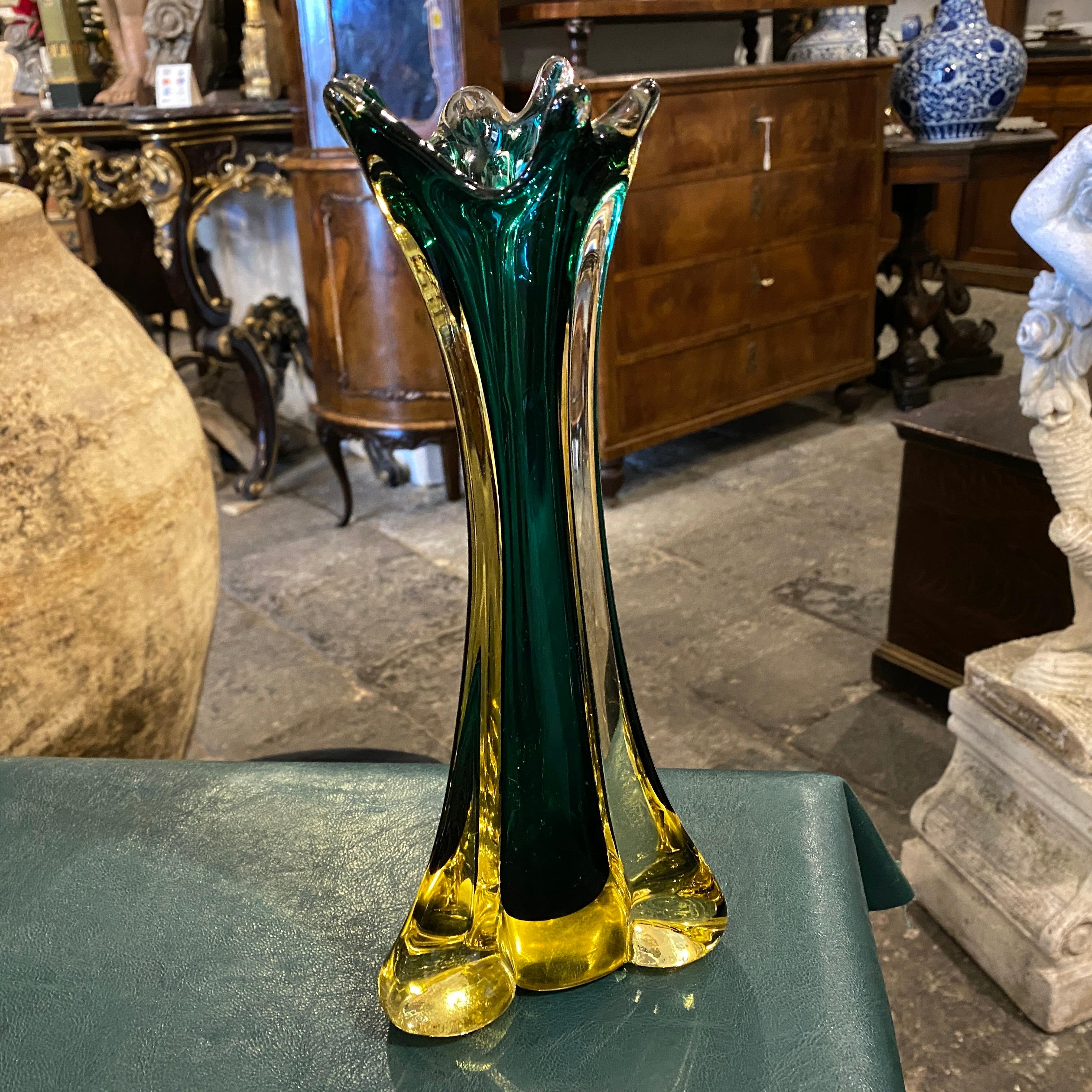 Hand-Crafted A 1970s Seguso Modernist Green and Yellow Sommerso Murano Glass Vase