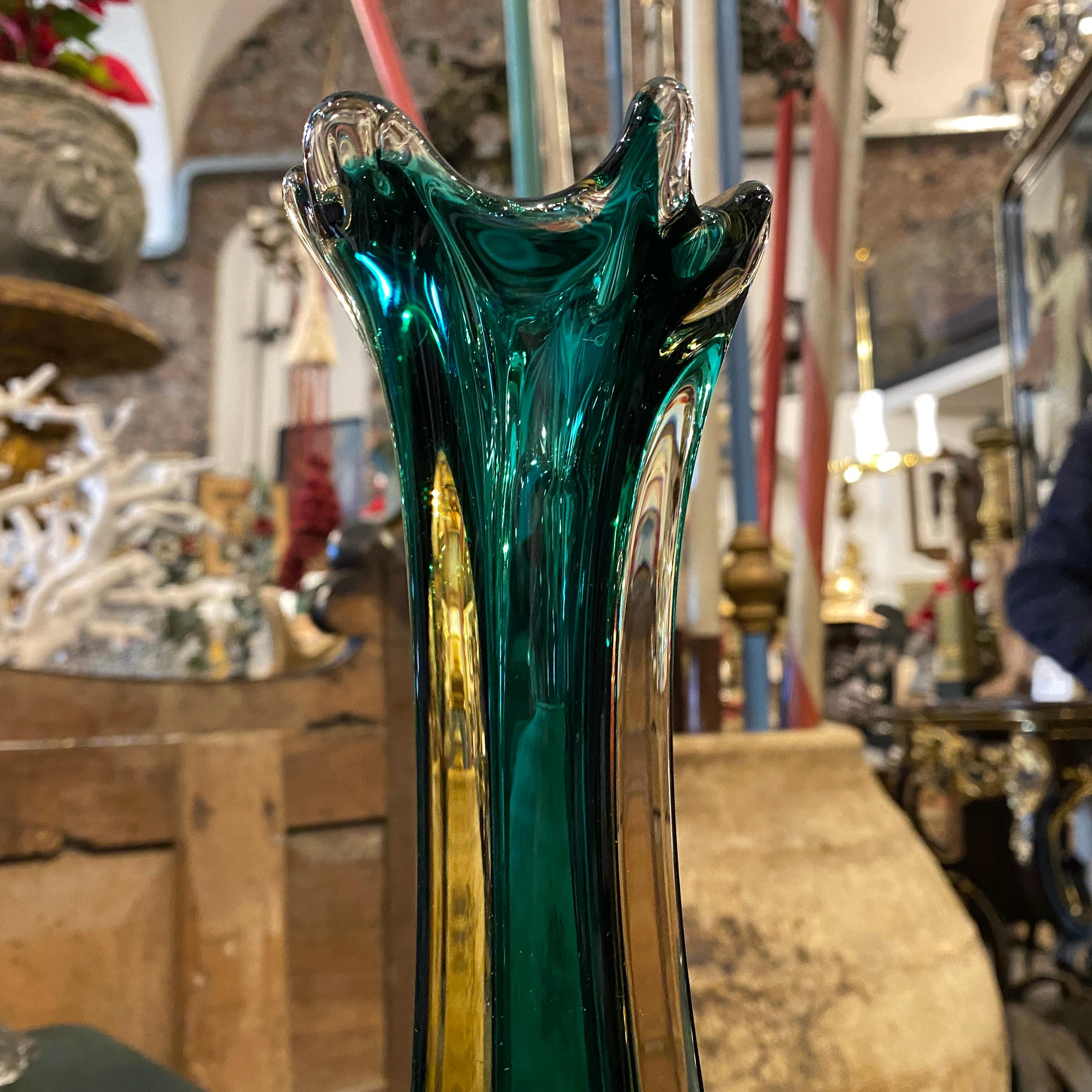 A 1970s Seguso Modernist Green and Yellow Sommerso Murano Glass Vase 1