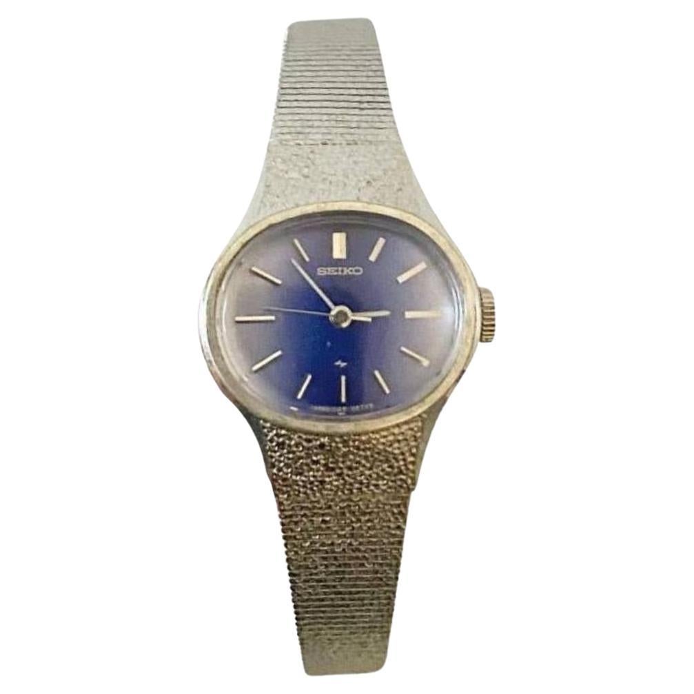 1970s Seiko Blue Oval Dial Steel Mesh Wristband Jewel Watch For Sale