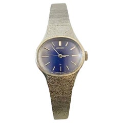 Vintage 1970s Seiko Blue Oval Dial Steel Mesh Wristband Jewel Watch