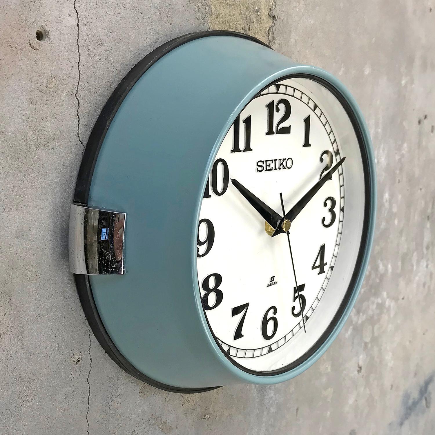 1970s Seiko Blue White Retro Vintage Industrial Antique Steel Quartz Wall Clock  2