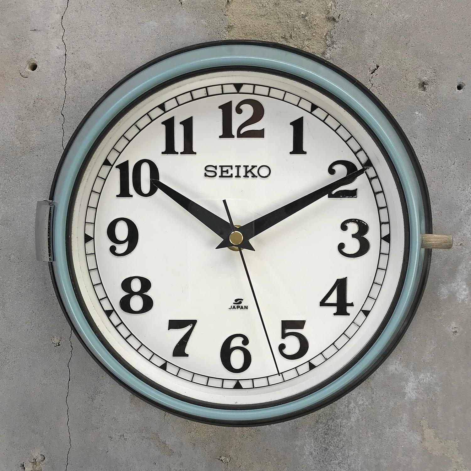 1970s Seiko Blue White Retro Vintage Industrial Antique Steel Quartz Wall Clock  3