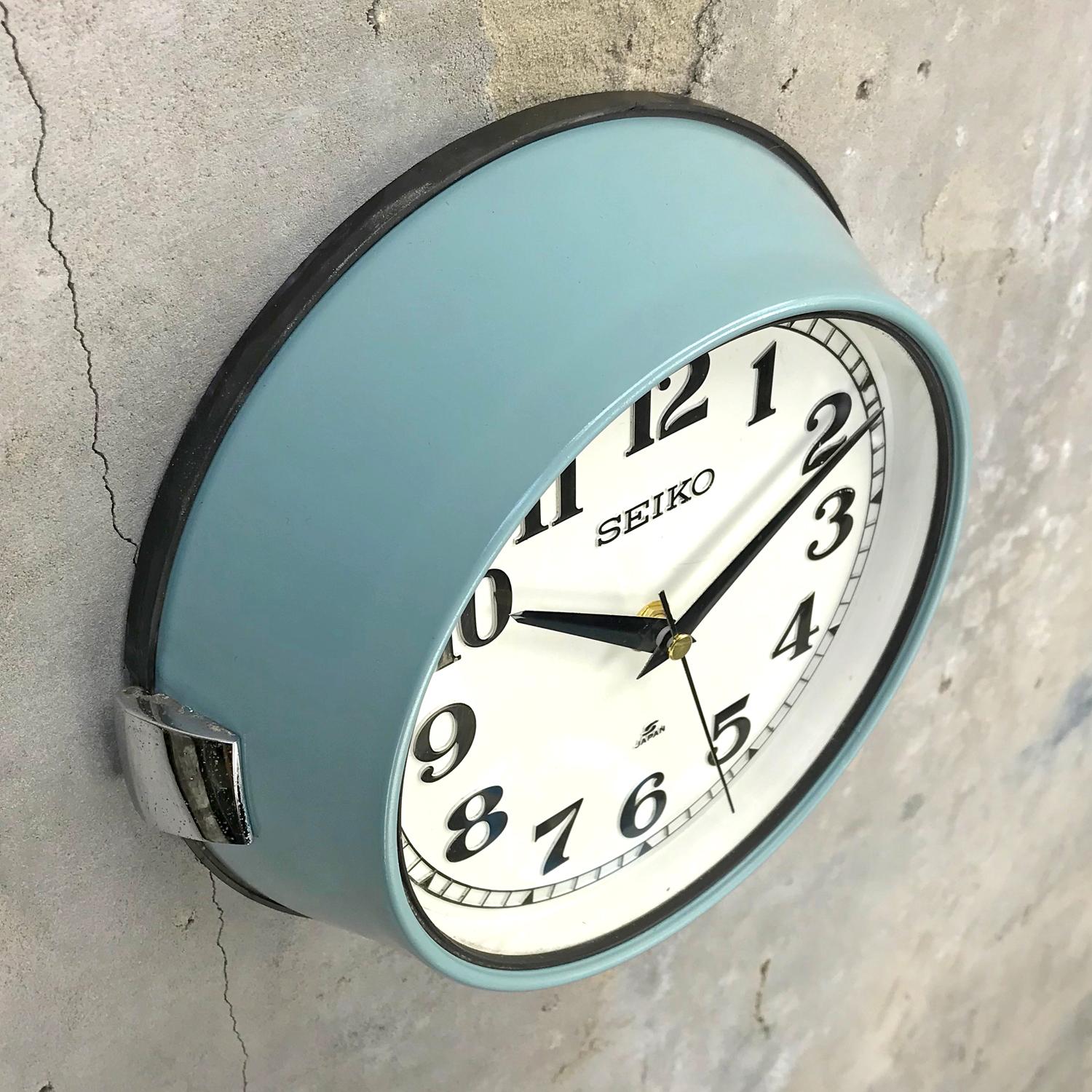 Japanese 1970s Seiko Blue White Retro Vintage Industrial Antique Steel Quartz Wall Clock 