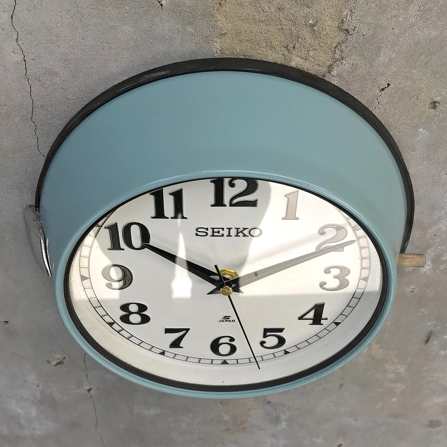 Cast 1970s Seiko Blue White Retro Vintage Industrial Antique Steel Quartz Wall Clock 