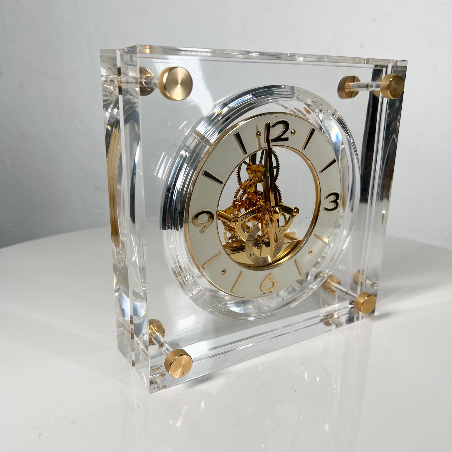 1970s Japan Decorative Seiko Lucite Table Clock (nonworking) 
Gold Skeleton Movement
 7 tall x 7.13 wide x 2.13 dep
Not in working order, issue with electrical components unable to locate replacement parts.
Selling as is non-working. Decorative use