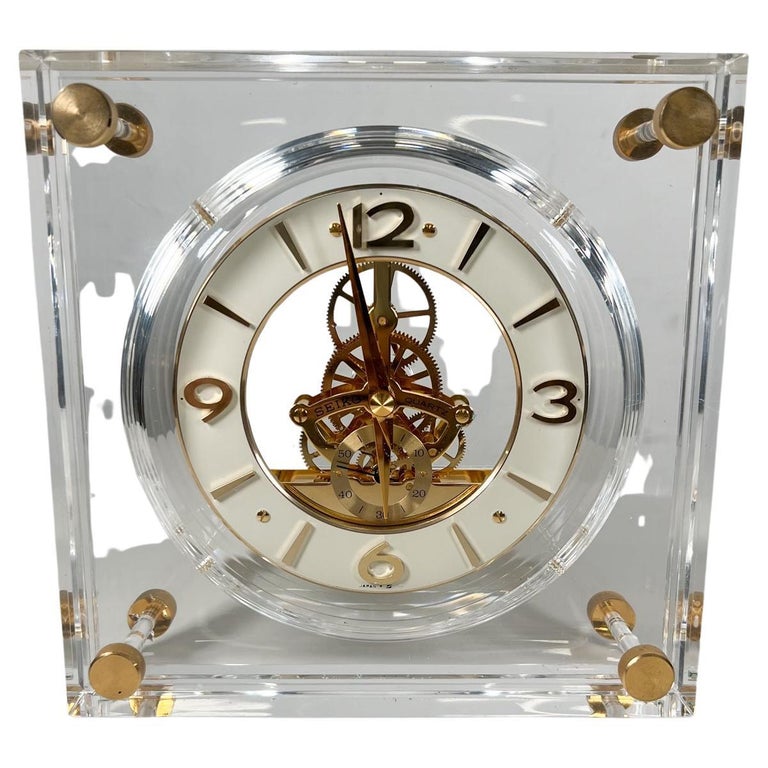 1970s Decorative Seiko Lucite Table Clock Gold Skeleton Movement Japan