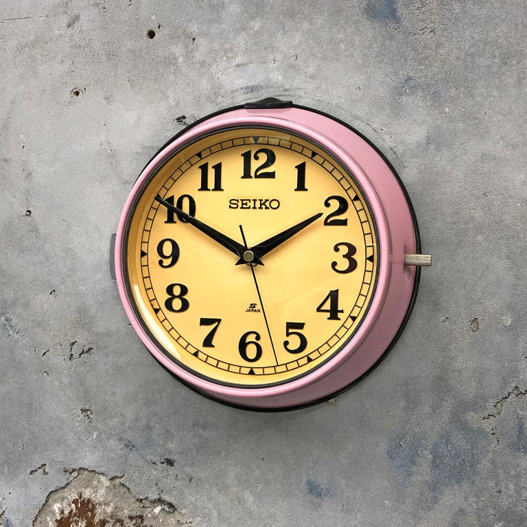 1970s Seiko Retro Vintage Industrial Antique Steel Quartz Wall Clock, Pink For Sale at 1stDibs