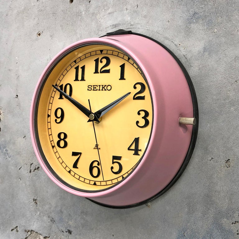 Cast 1970s Seiko Retro Vintage Industrial Antique Steel Quartz Wall Clock, Pink For Sale
