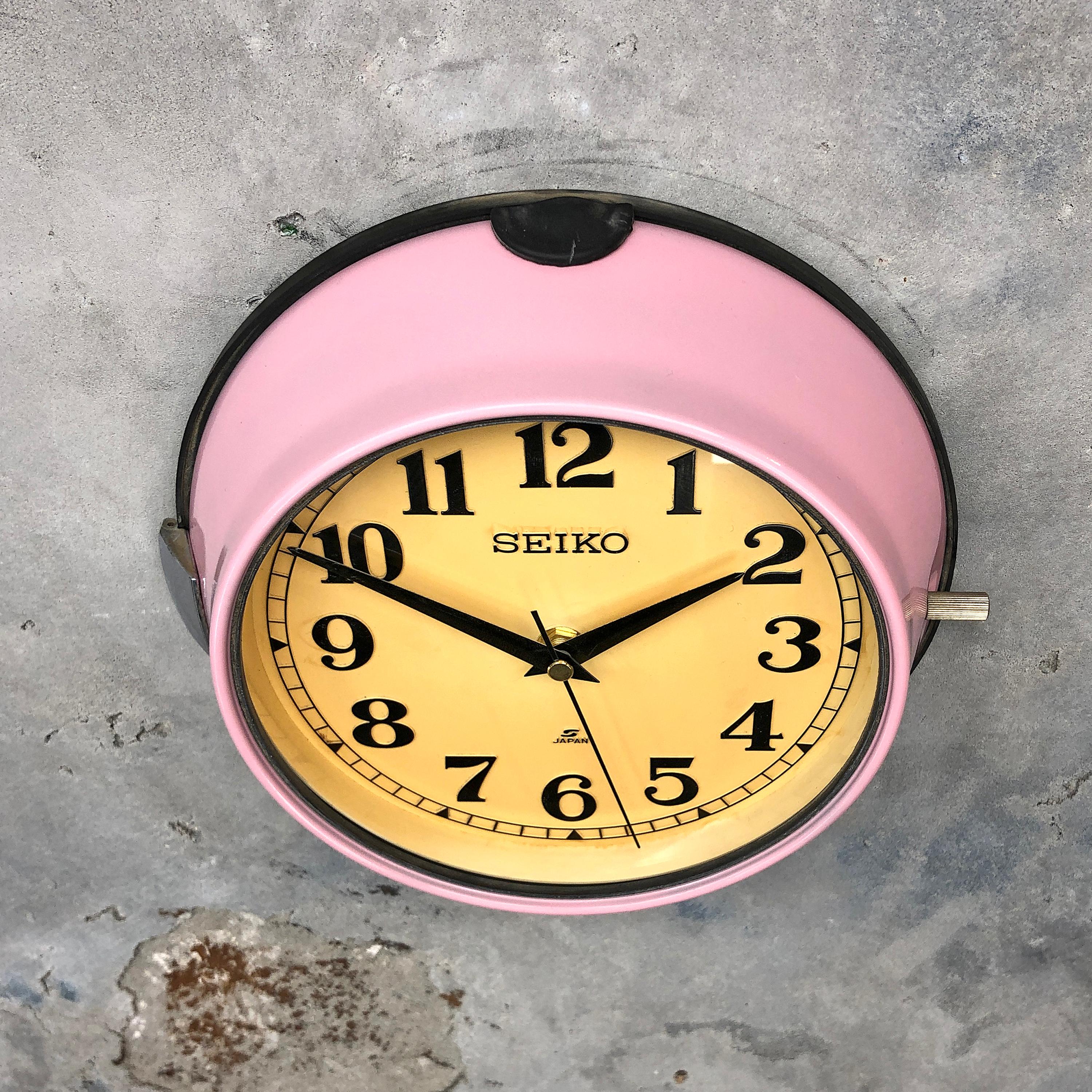 Japanese 1970s Seiko Retro Vintage Industrial Antique Steel Quartz Wall Clock, Pink For Sale