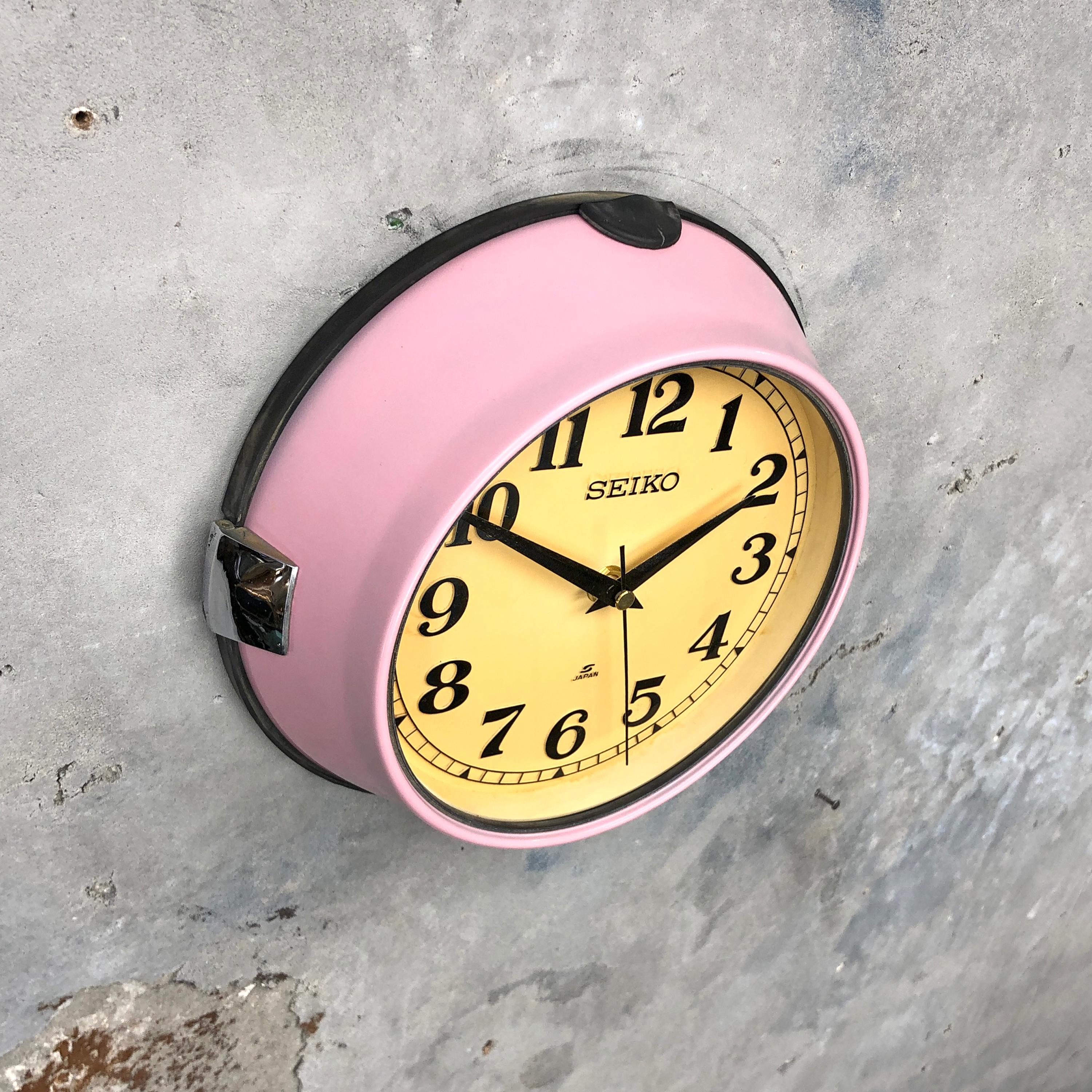 Tempered 1970s Seiko Retro Vintage Industrial Antique Steel Quartz Wall Clock, Pink For Sale