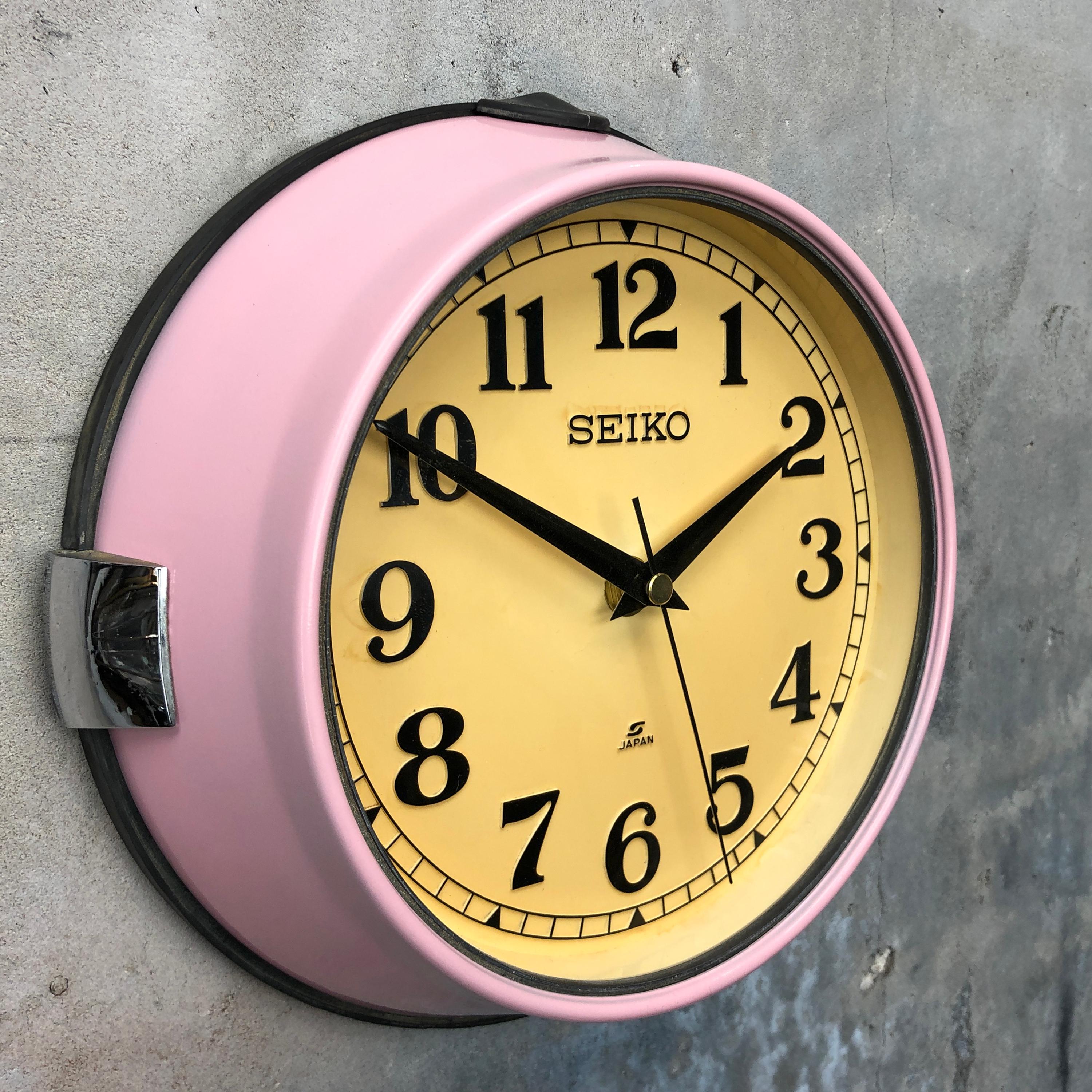 Late 20th Century 1970s Seiko Retro Vintage Industrial Antique Steel Quartz Wall Clock, Pink For Sale
