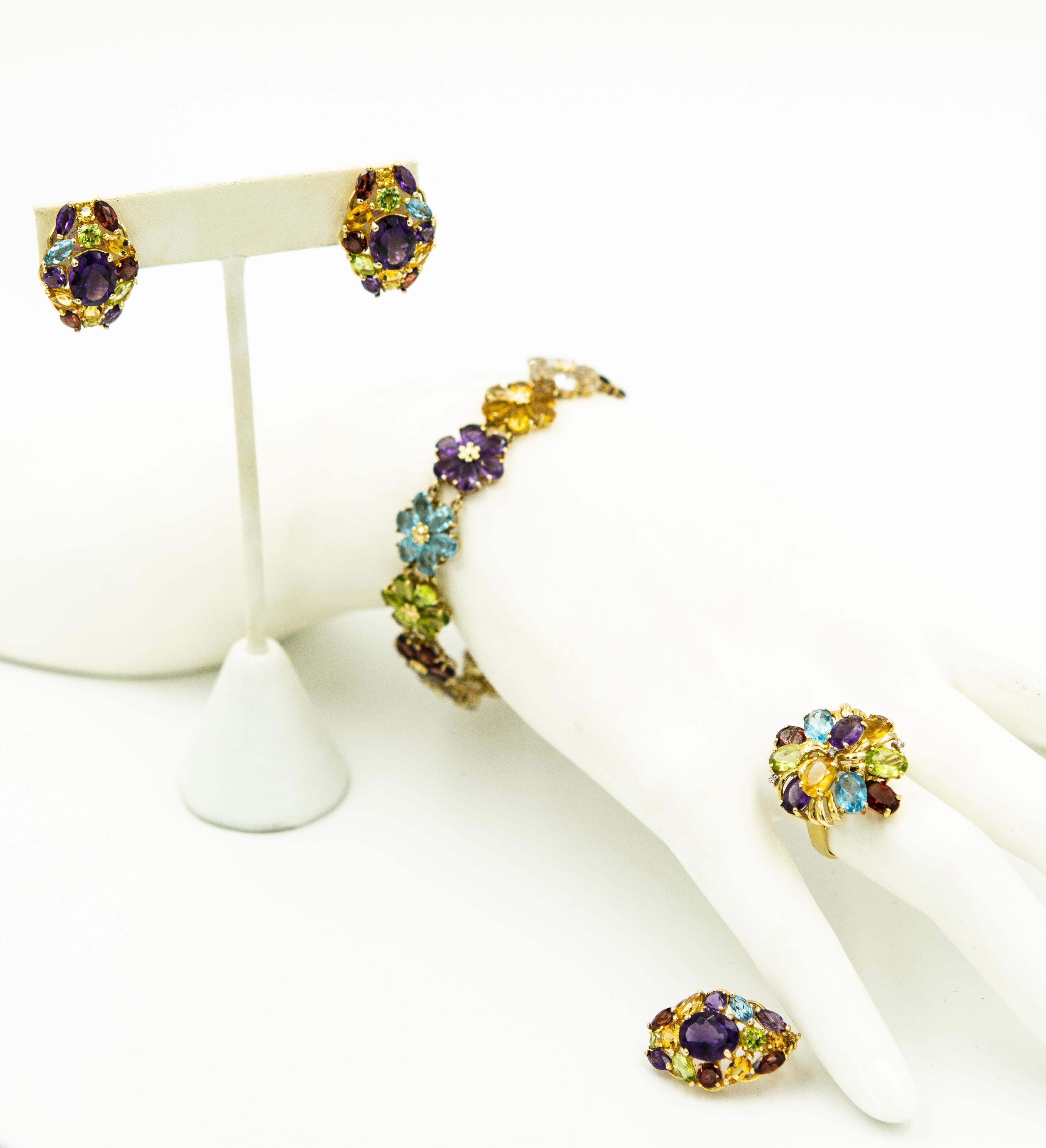 1970s Semi Precious Gemstone Gold Flower Bracelet Earrings Ring and Pendant Set 13