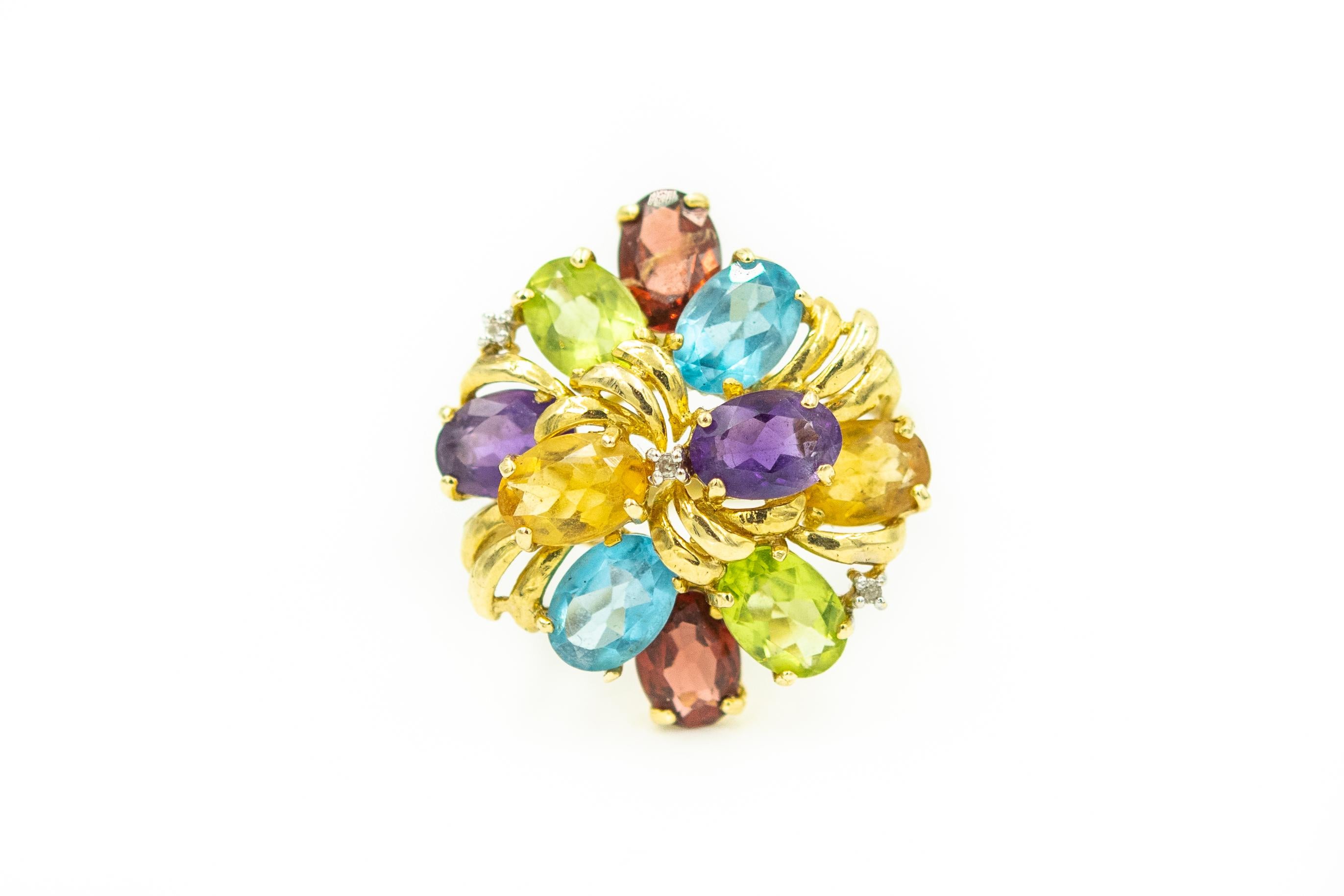 1970s Semi Precious Gemstone Gold Flower Bracelet Earrings Ring and Pendant Set 1