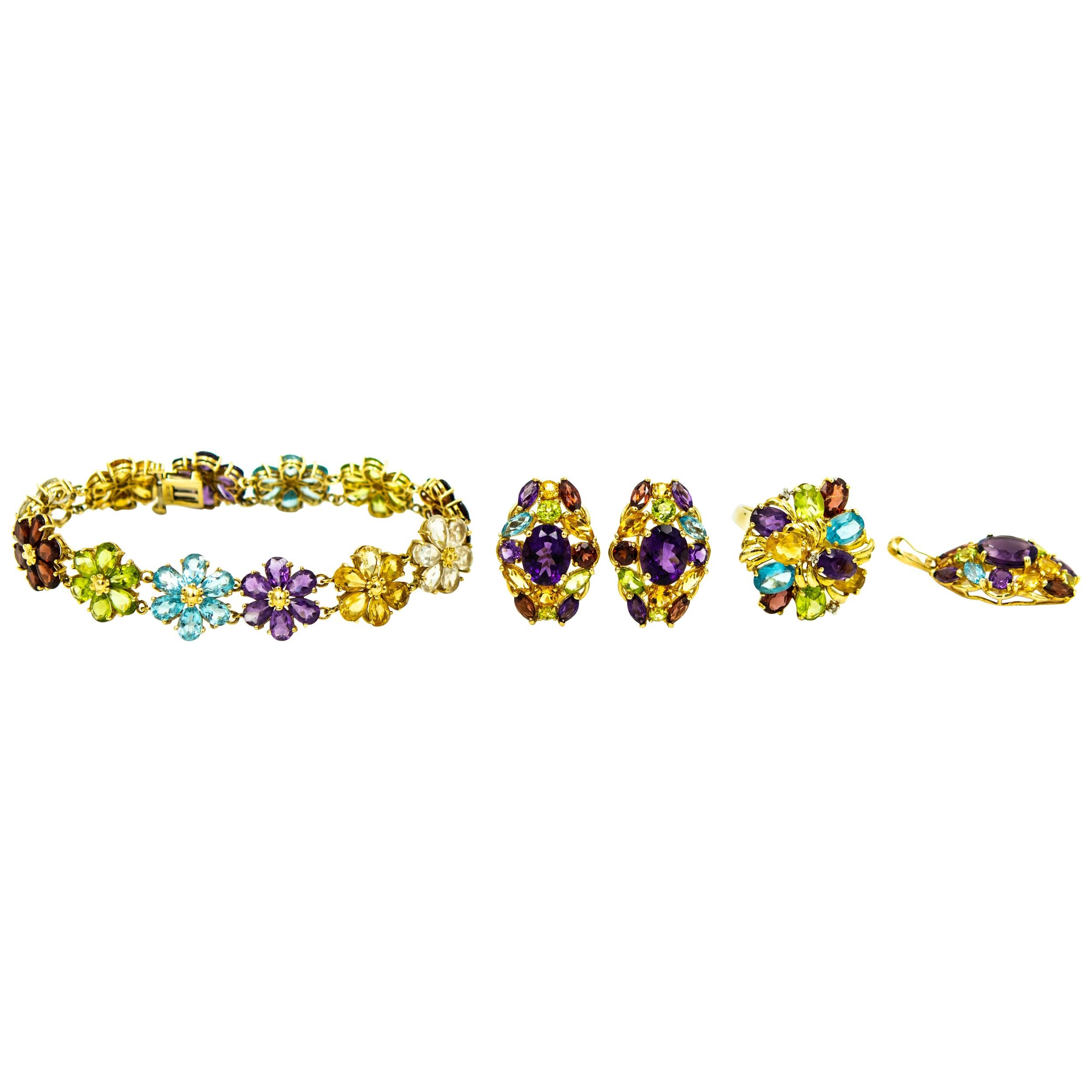 1970s Semi Precious Gemstone Gold Flower Bracelet Earrings Ring and Pendant Set