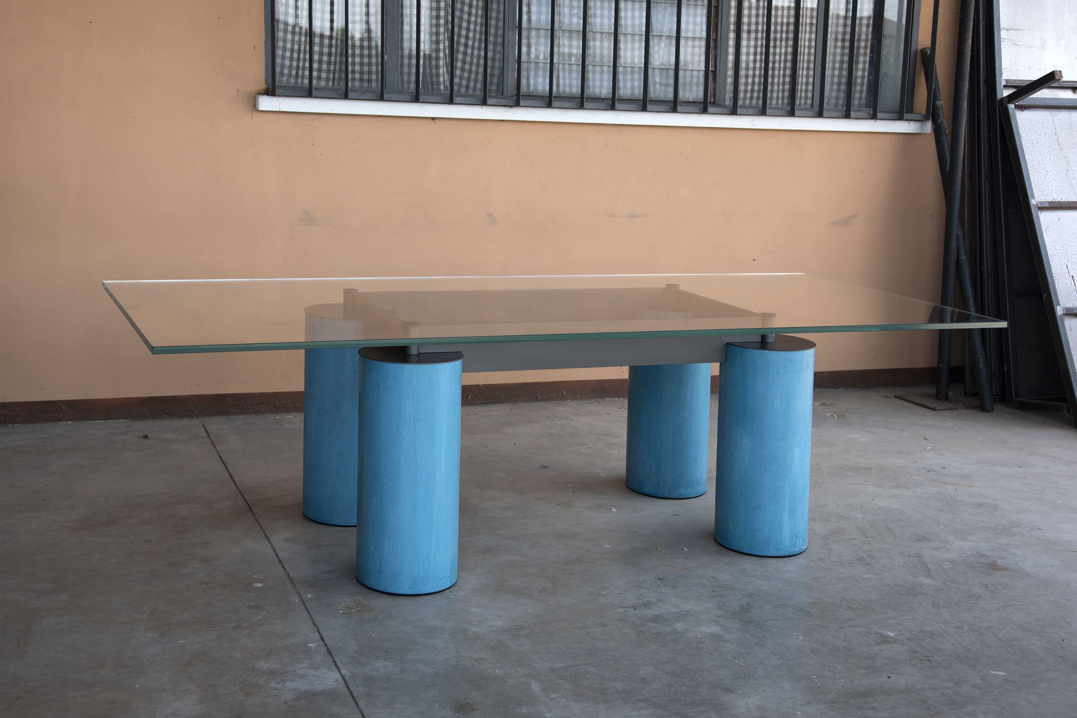 1990s Serenissimo Acerbis Glass Top and Blue Stucco Columns legs Desk Table For Sale 7