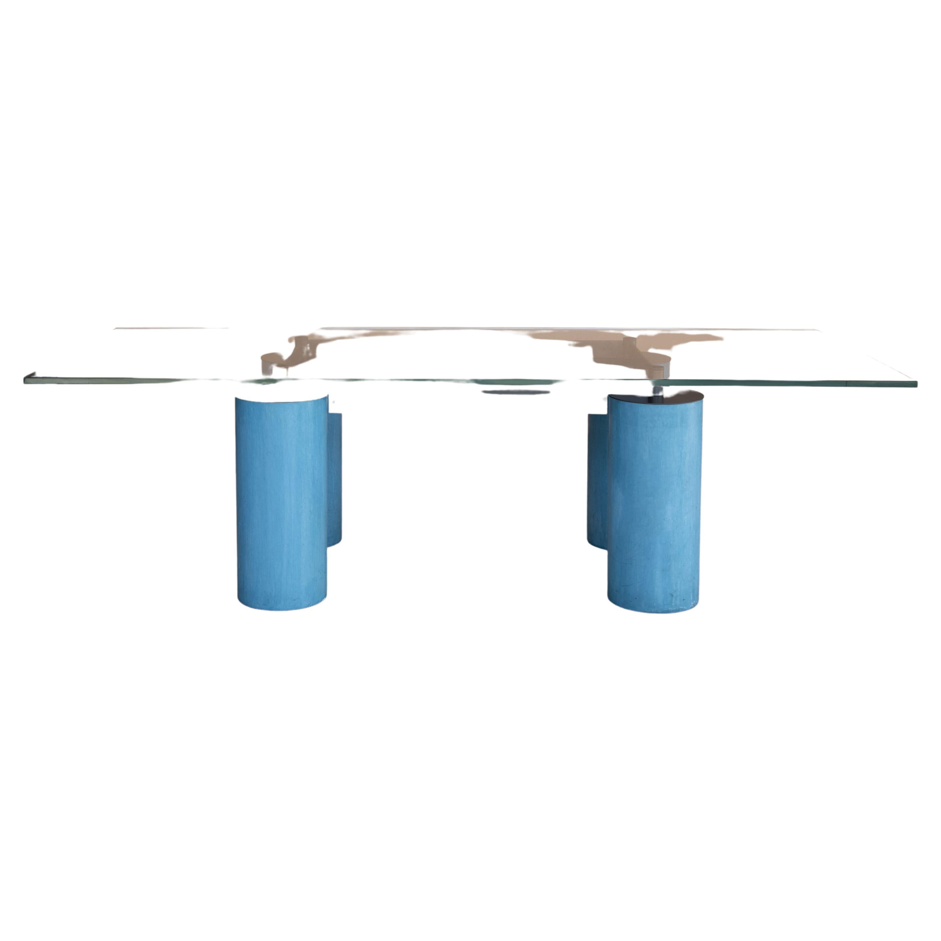 Acerbis Desk Table, Serenissimo model, with light blue lacquered  - with Venetian Stucco technique - column rounded legs  and newly made glass top , tempered 2 cm thick. For eight people. Size 250 cm x 100 cm x h 73 cm. Serenissimo is a table table