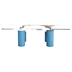 1990s Serenissimo Acerbis Glass Top and Blue Stucco Columns legs Desk Table