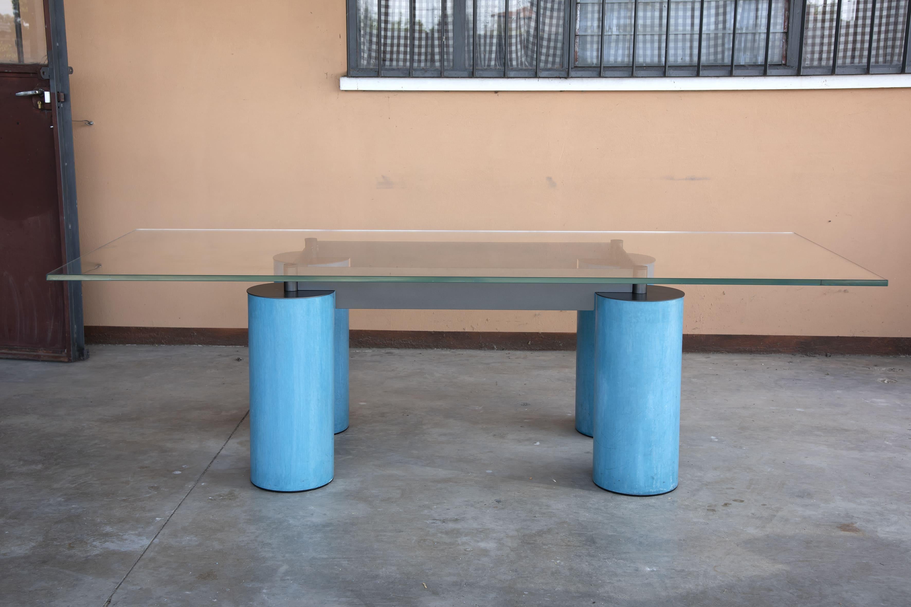 Italian 1990s Serenissimo Acerbis Glass Top and Blue Stucco Columns legs Desk Table For Sale