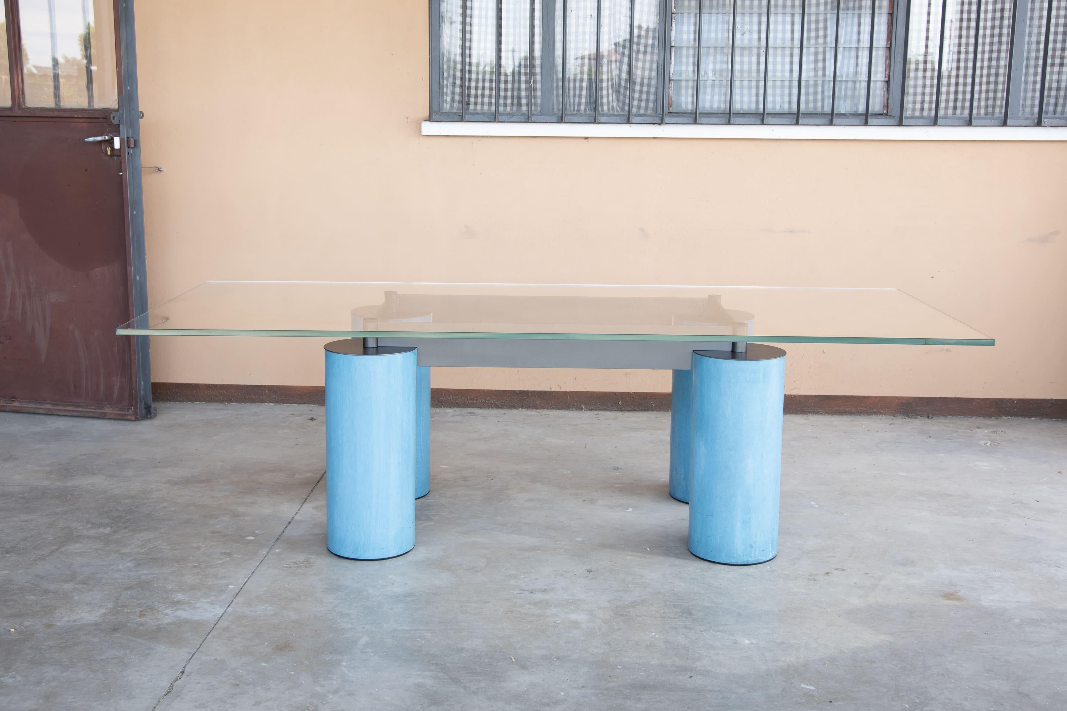 Lacquered 1990s Serenissimo Acerbis Glass Top and Blue Stucco Columns legs Desk Table For Sale