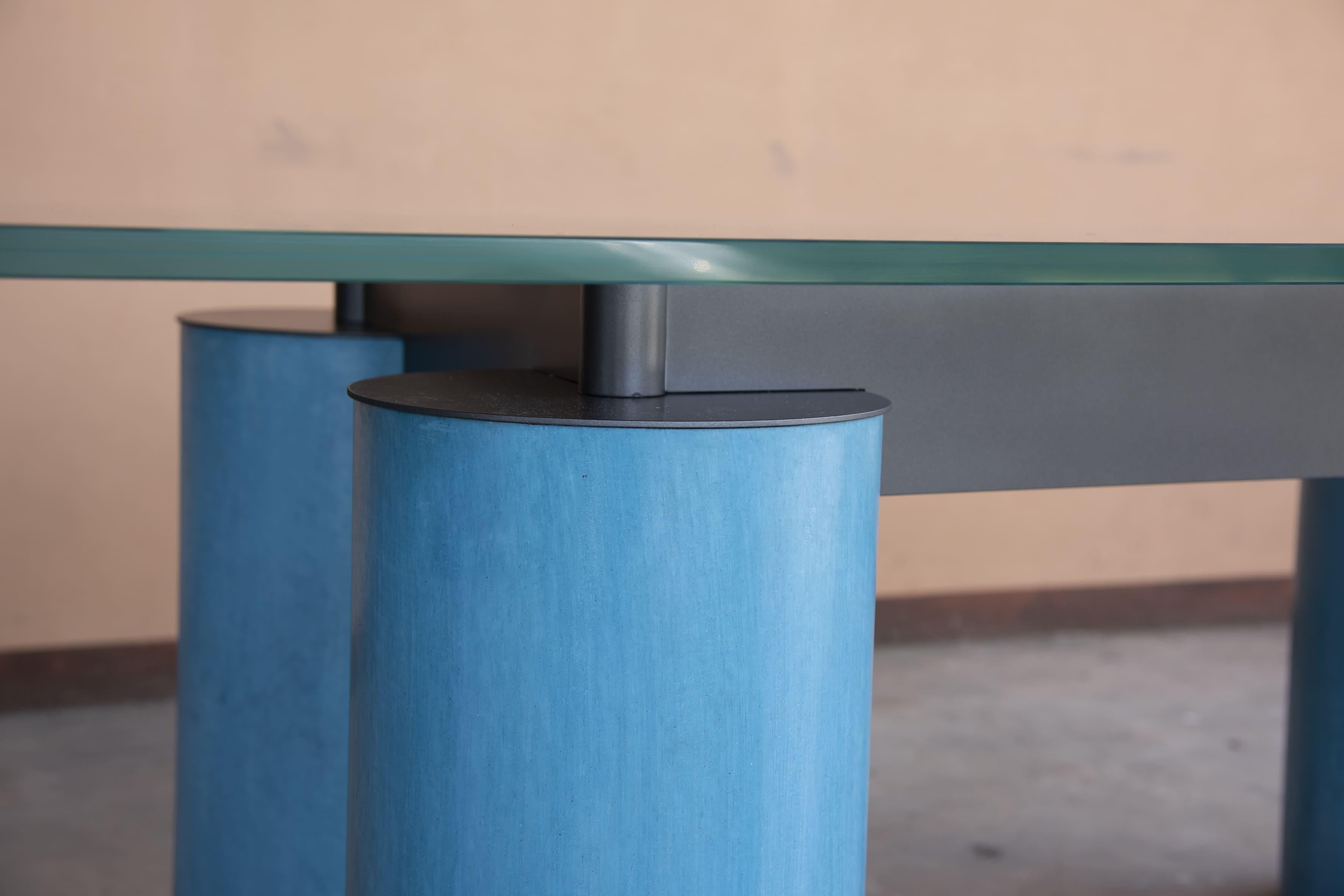 1990s Serenissimo Acerbis Glass Top and Blue Stucco Columns legs Desk Table For Sale 2