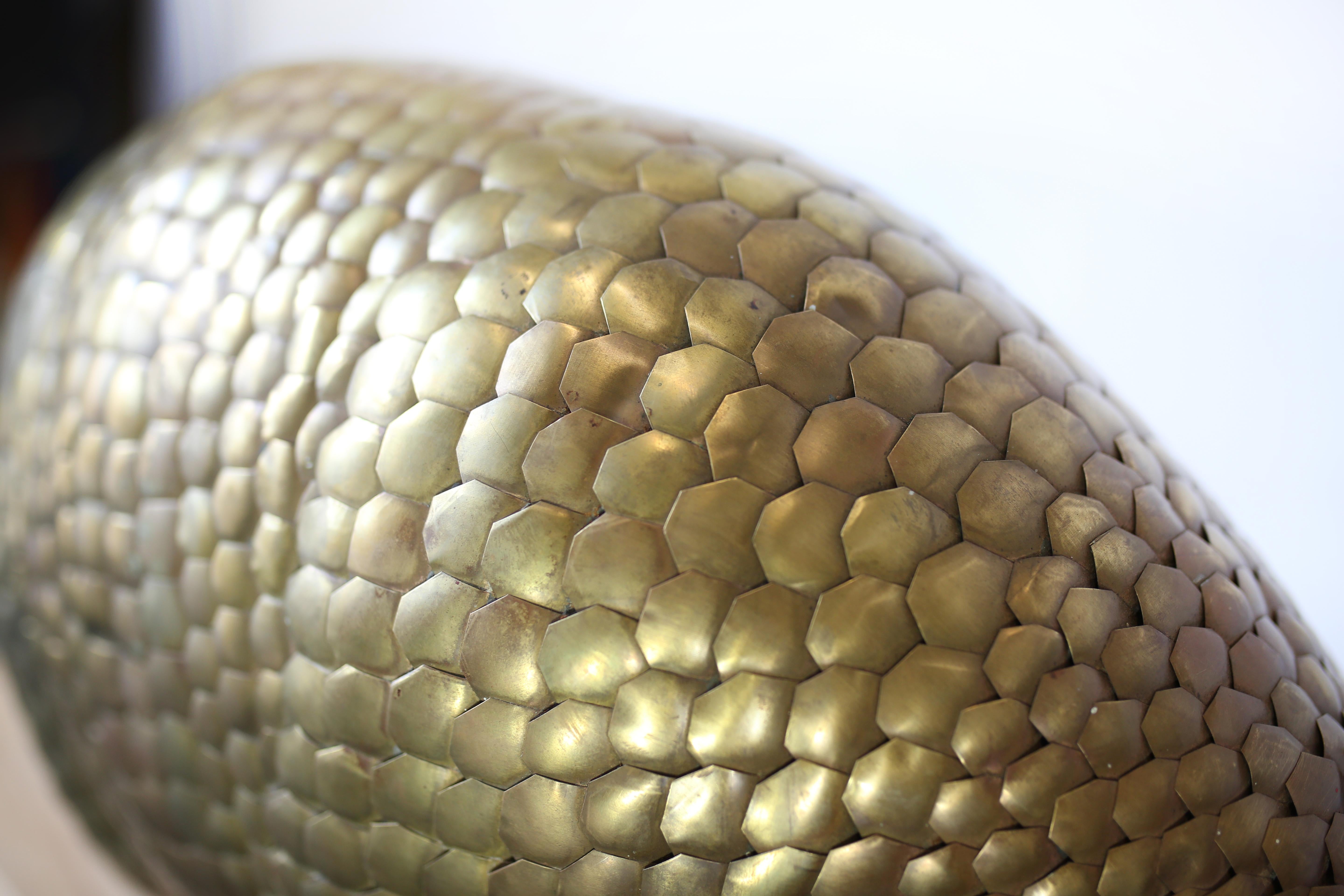This 1970s Sergio Bustamante brass and paper maché armadillo is in very good condition and wear consistent with age and use.  
Everything about Bustamante's animals scream whimsy and gentle fun, and this handcrafted, one-of-a-kind art piece is no