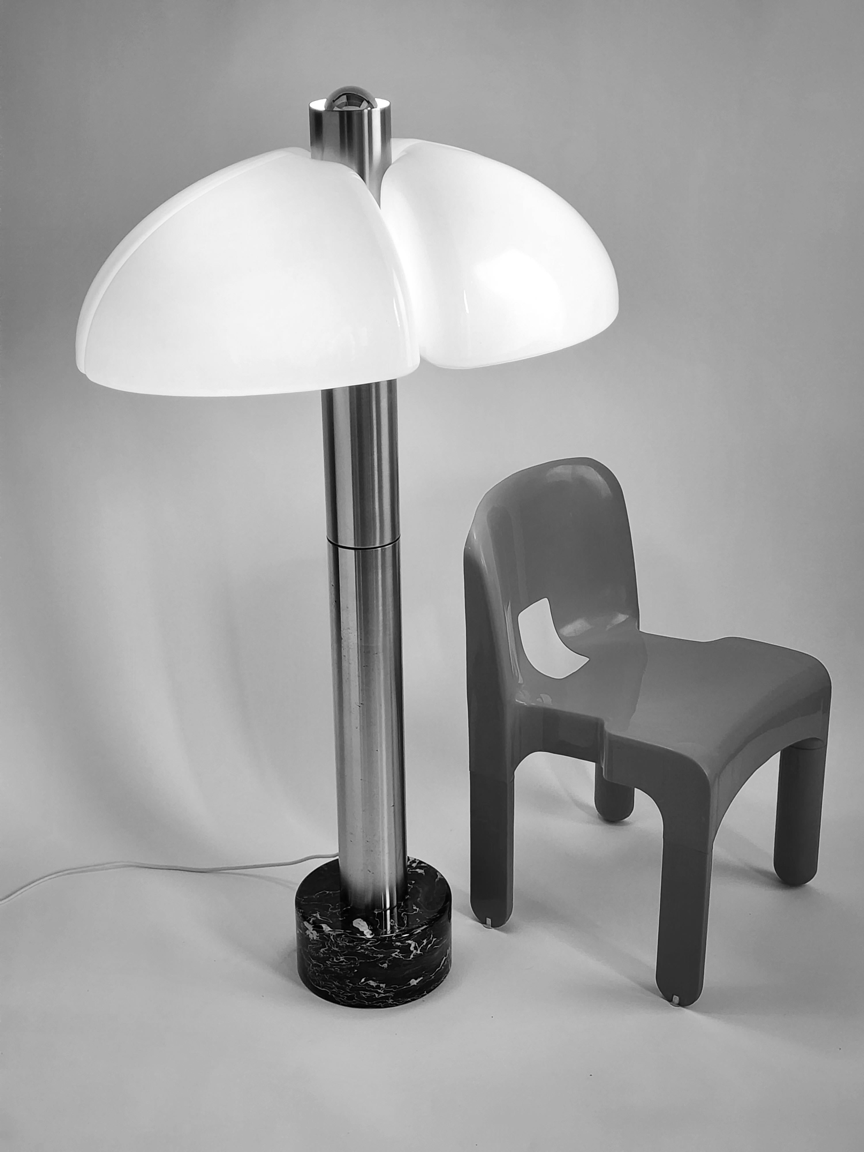 Rare massive  stainless steel floor lamp with acrylic shades from Sergio Mazza and Giuliana Gramigna for Quattrifolio Design , Italy . 

Base is made out of  black Portofino marble . 

Contain  three  E26 size socket . 2 on each side and one on top