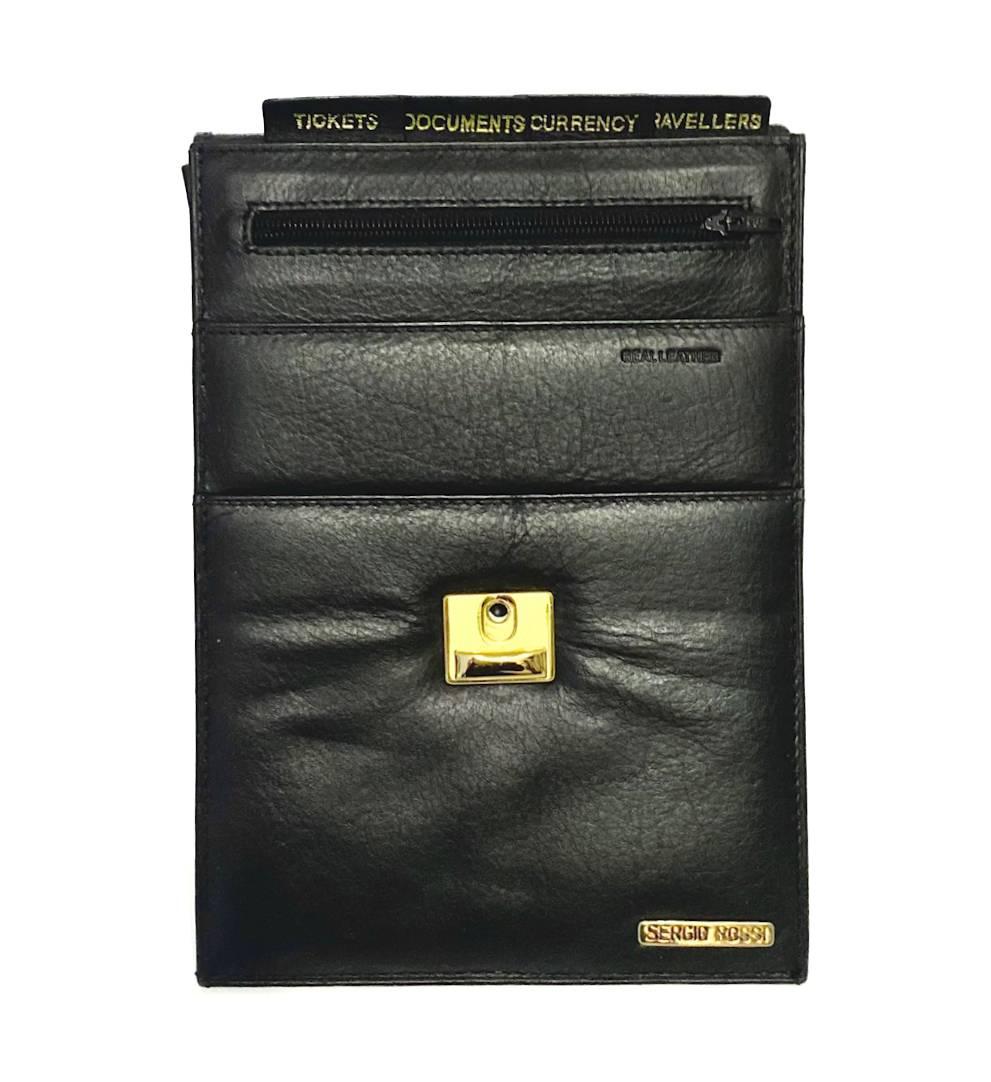 1970's Sergio Rossi Black Leather Travel Organizer Wallet, internal compartments and pockets for traveling documents and passport, black soft leather, gold-tone metalware An elegant and sophisticated accessory for storing your important travel