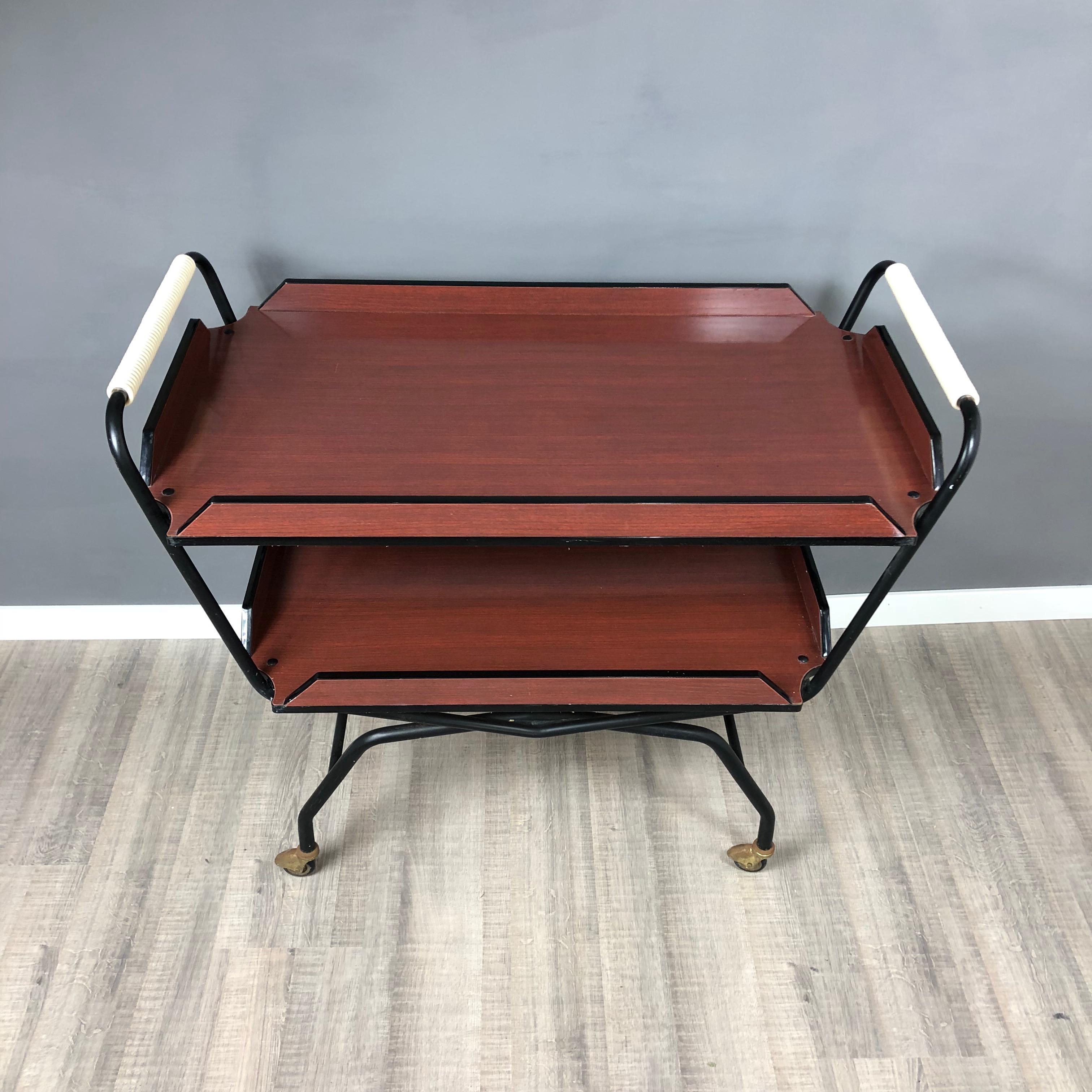 Mid-Century Modern 1970s Serving Tray Bar Cart Trolley in Formica and Metal Black and Red Brown For Sale