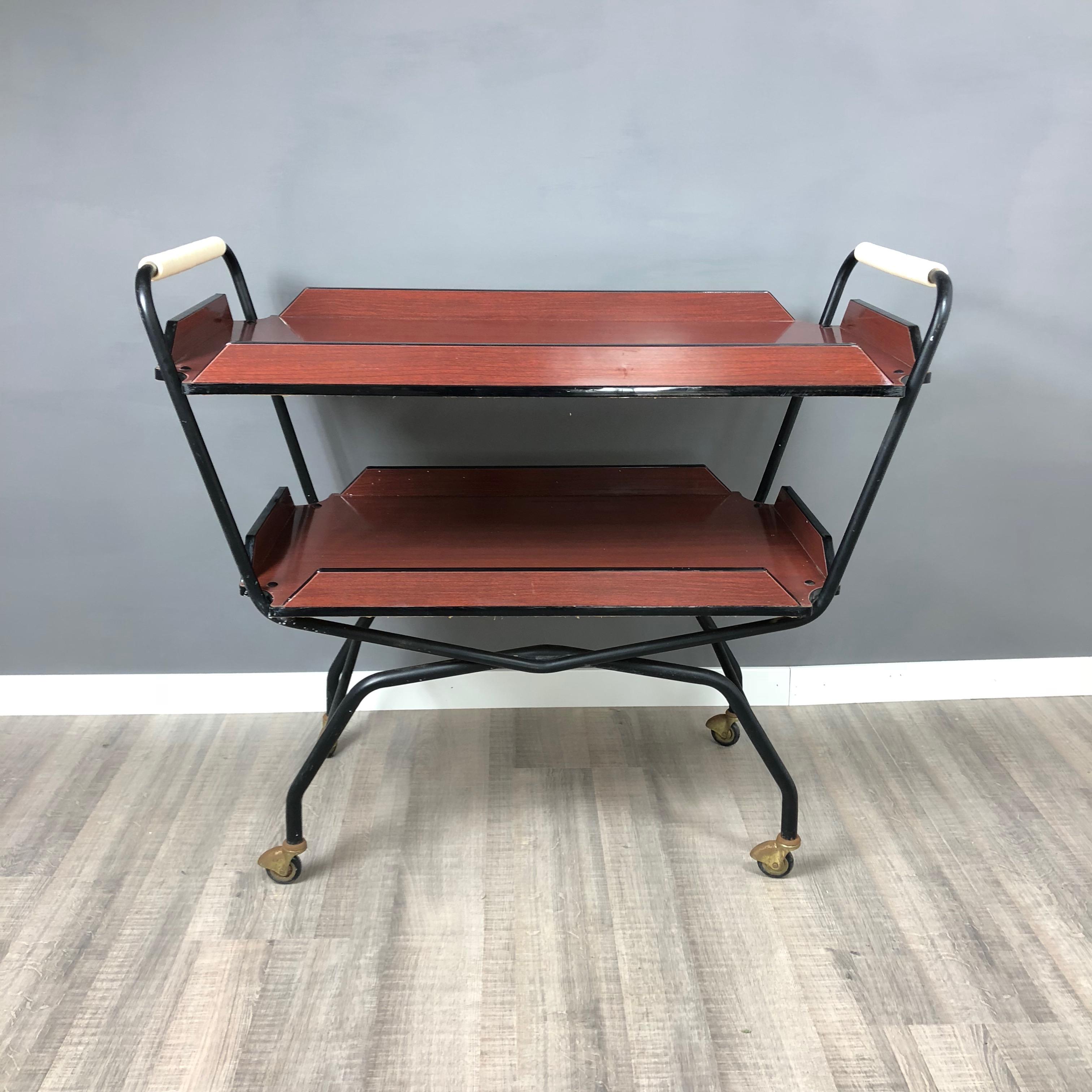 Italian 1970s Serving Tray Bar Cart Trolley in Formica and Metal Black and Red Brown For Sale