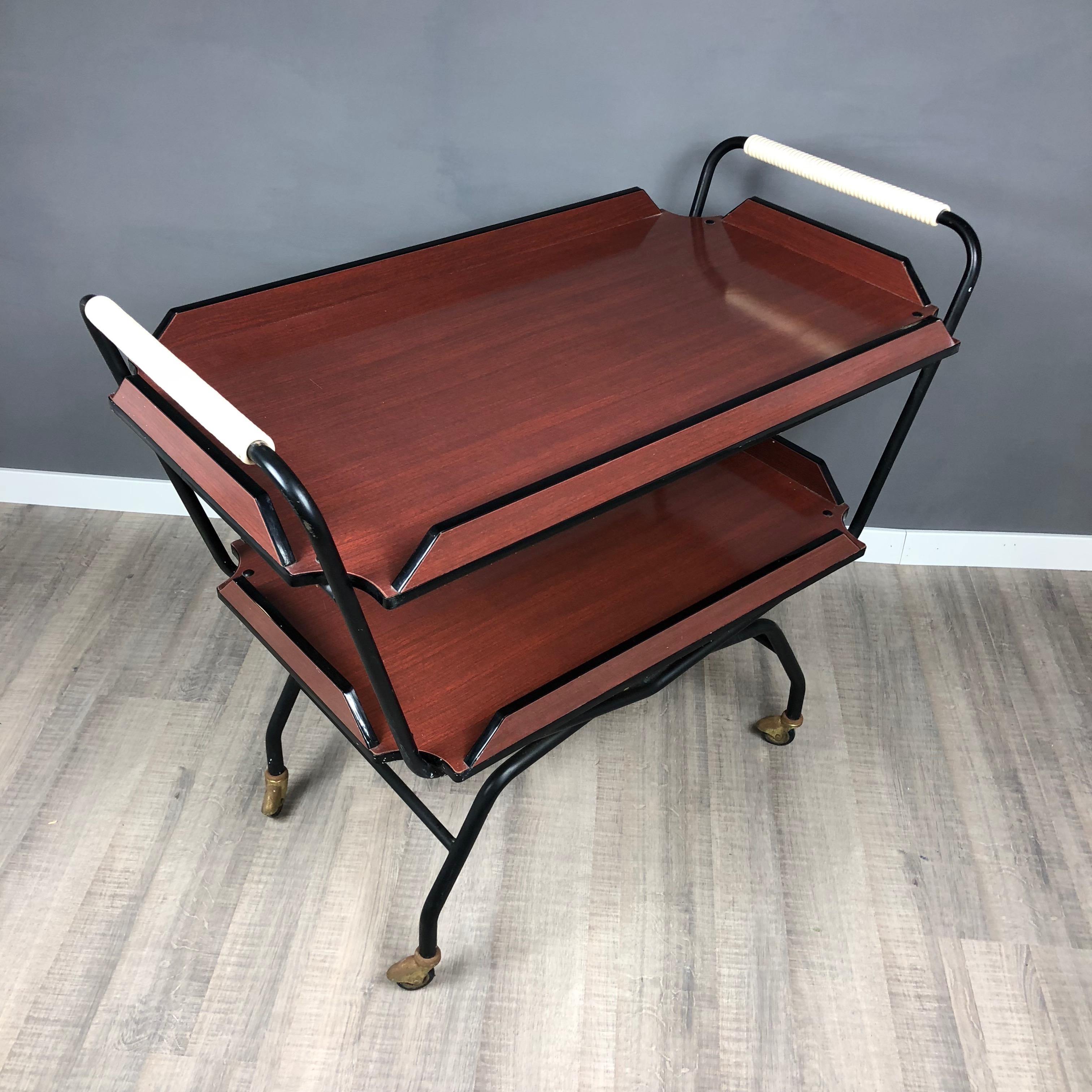 Mid-20th Century 1970s Serving Tray Bar Cart Trolley in Formica and Metal Black and Red Brown For Sale