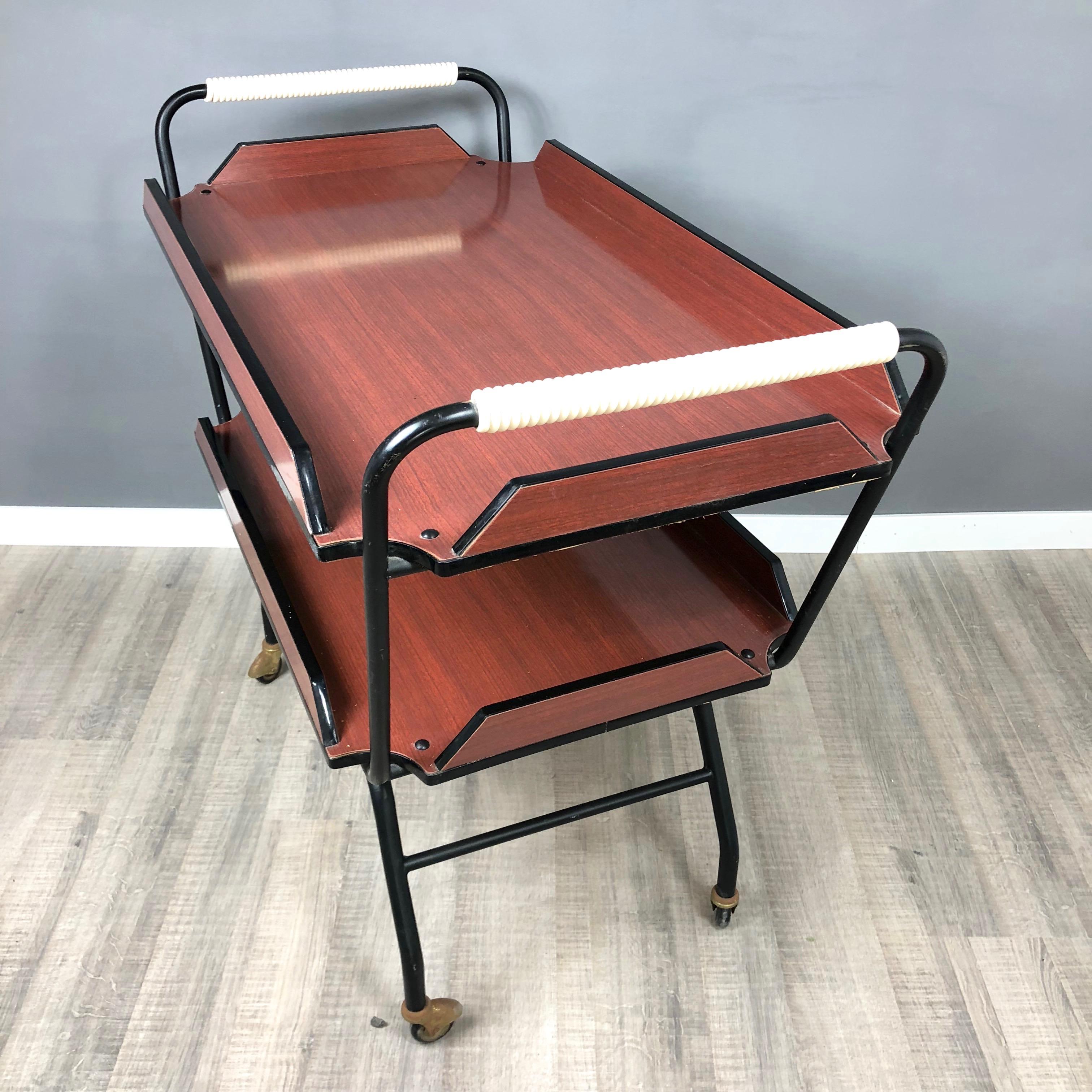 1970s Serving Tray Bar Cart Trolley in Formica and Metal Black and Red Brown For Sale 1