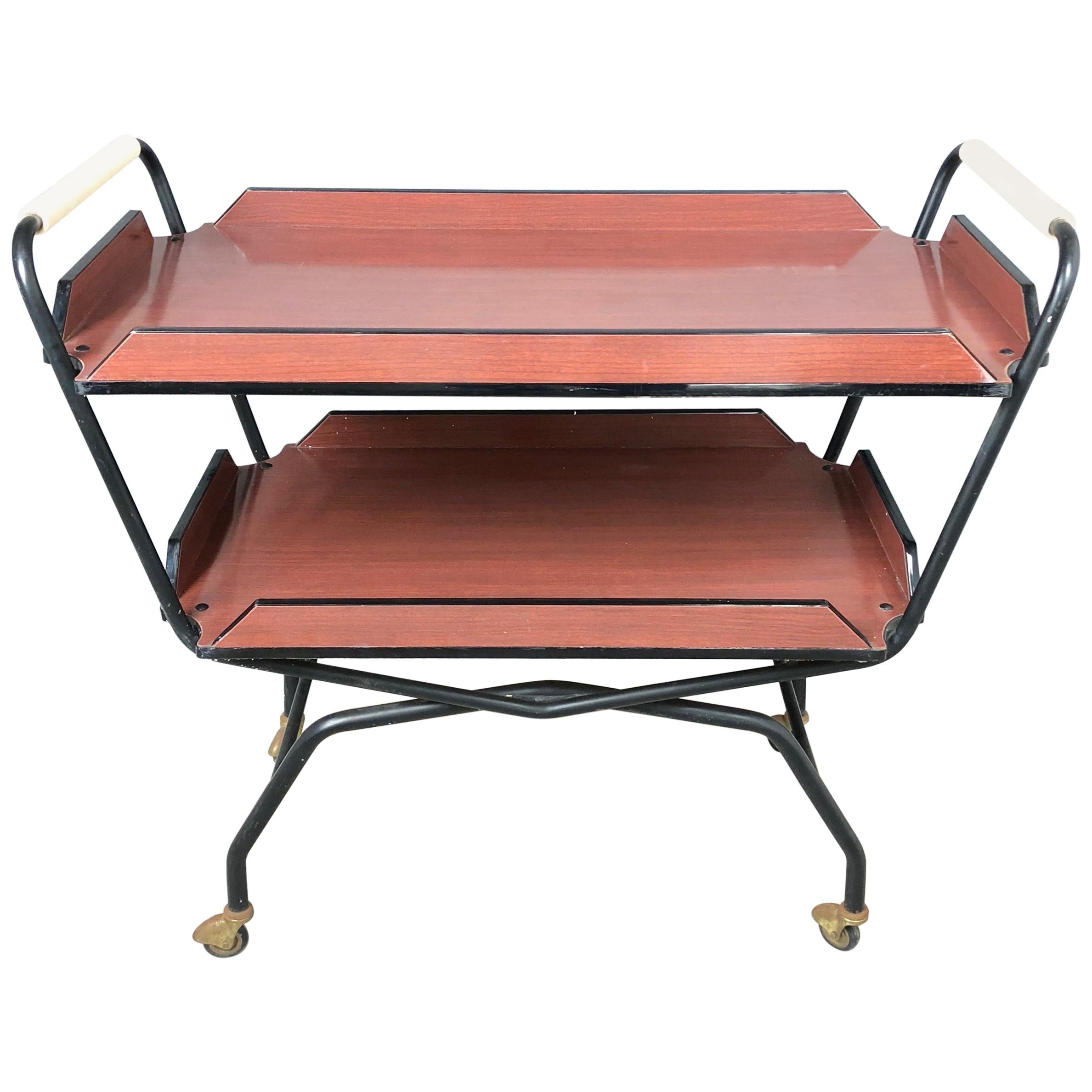 1970s Serving Tray Bar Cart Trolley in Formica and Metal Black and Red Brown For Sale