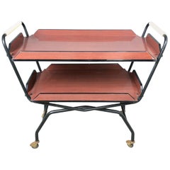 1970s Serving Tray Bar Cart Trolley in Formica and Metal Black and Red Brown