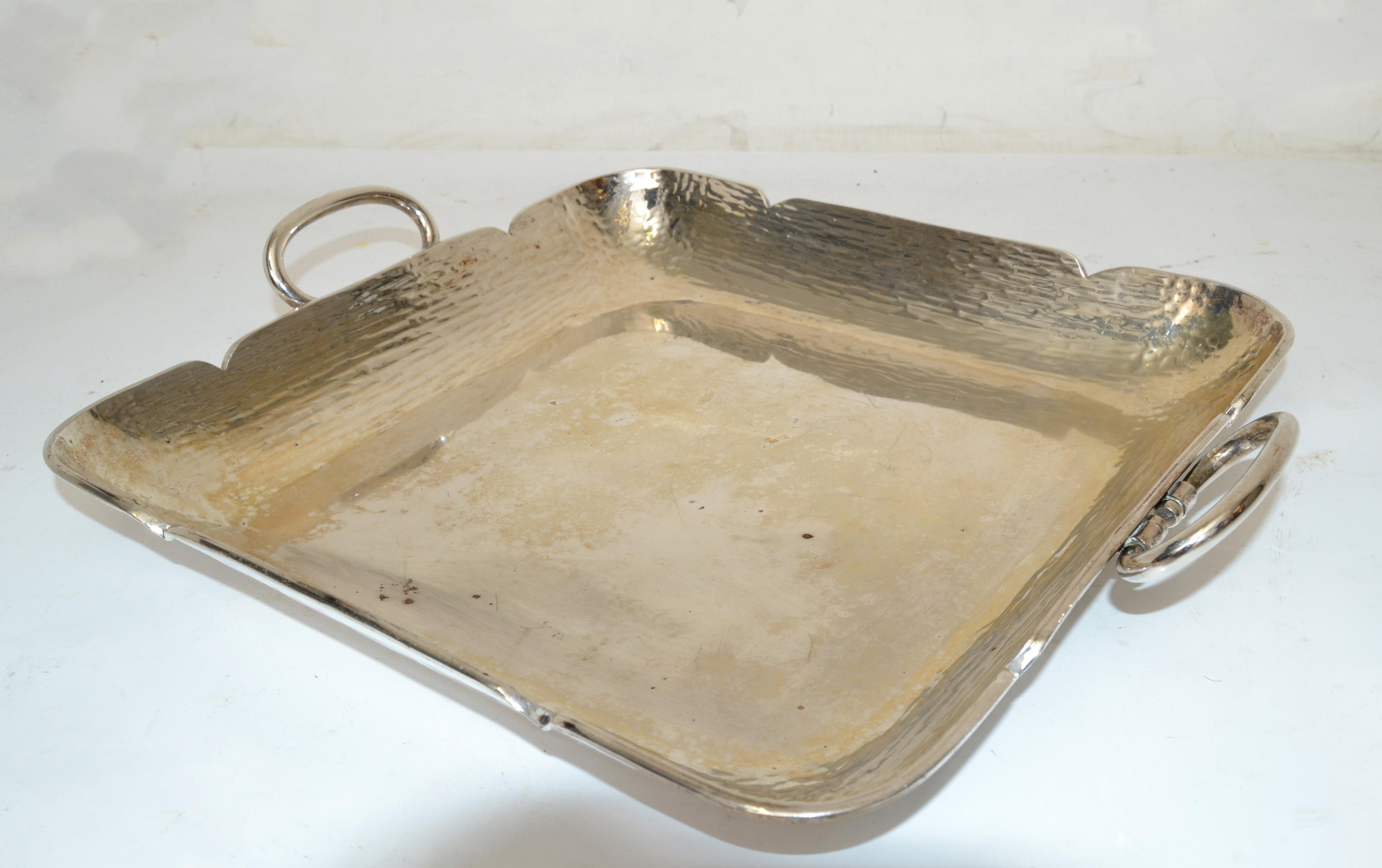 1970s Serving Tray Handles Silver Plated Hammered Steel Mid-Century Modern For Sale 2