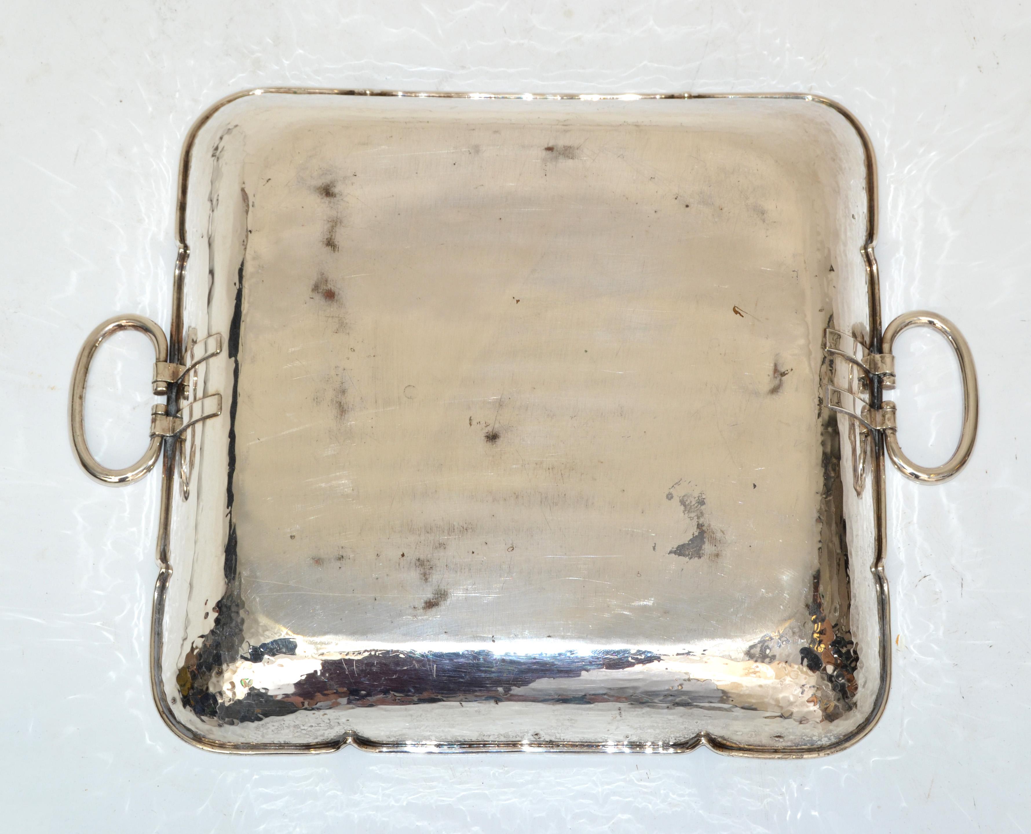 1970s Serving Tray Handles Silver Plated Hammered Steel Mid-Century Modern For Sale 4