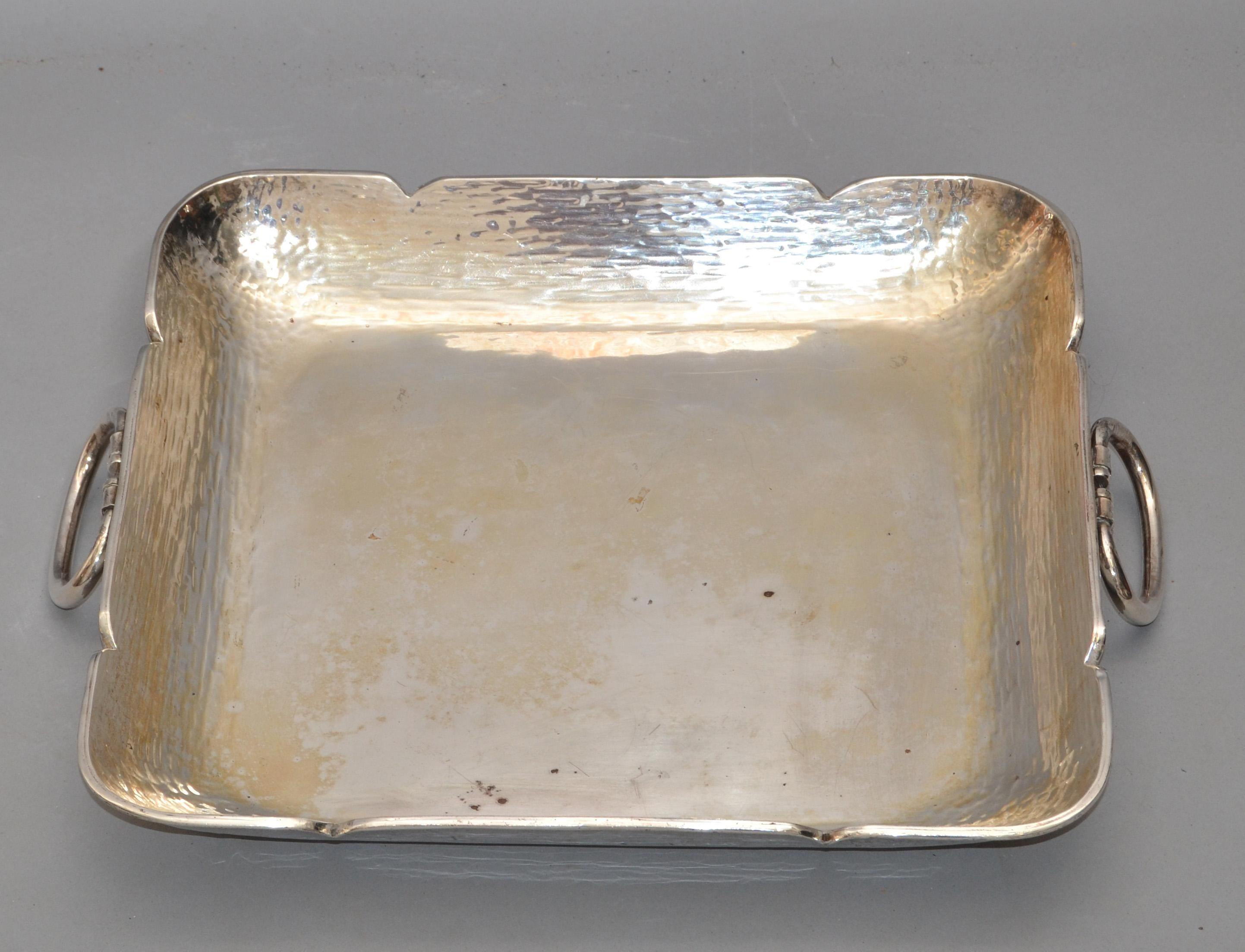 1970s Serving Tray Handles Silver Plated Hammered Steel Mid-Century Modern For Sale 5