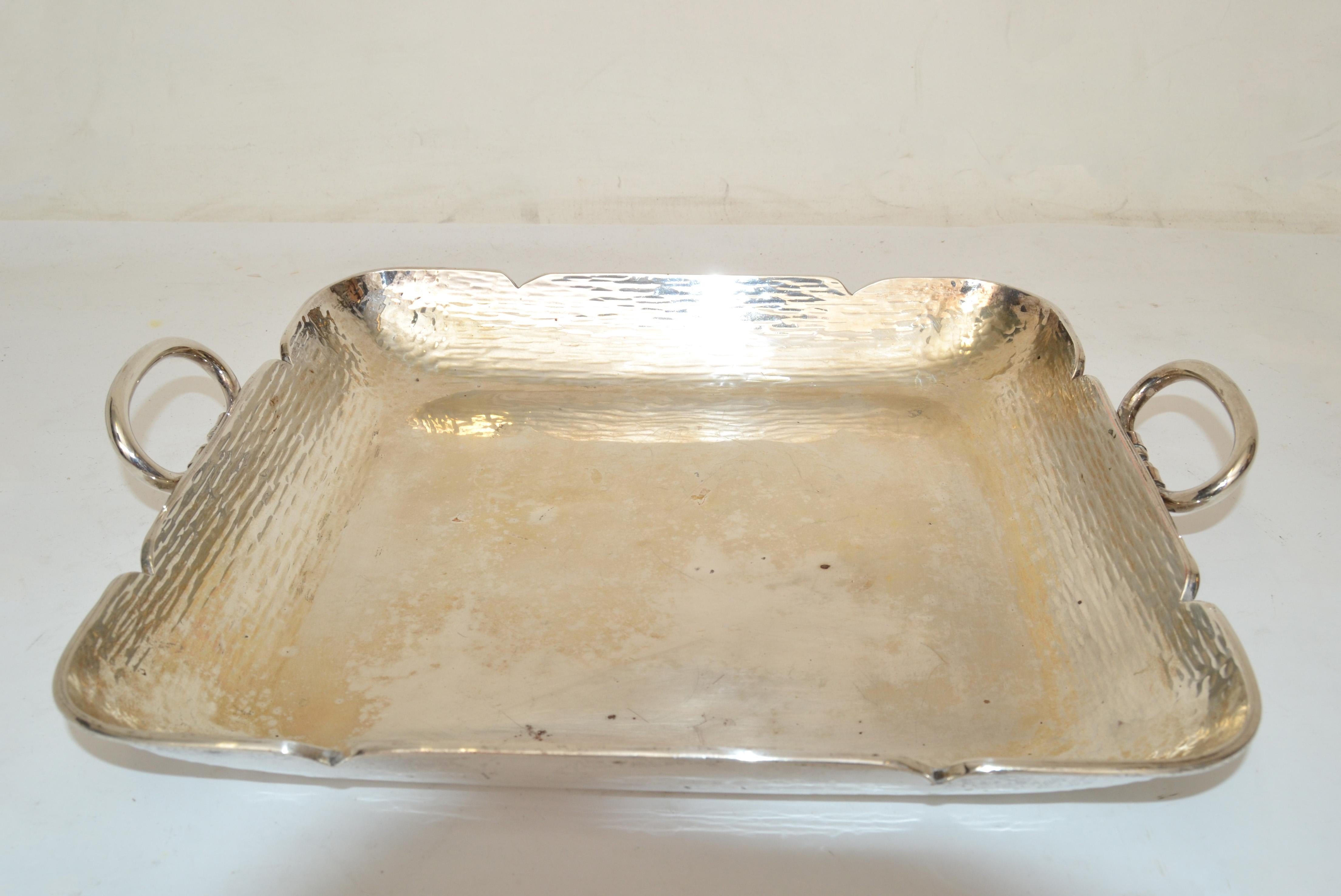 American 1970s Serving Tray Handles Silver Plated Hammered Steel Mid-Century Modern For Sale
