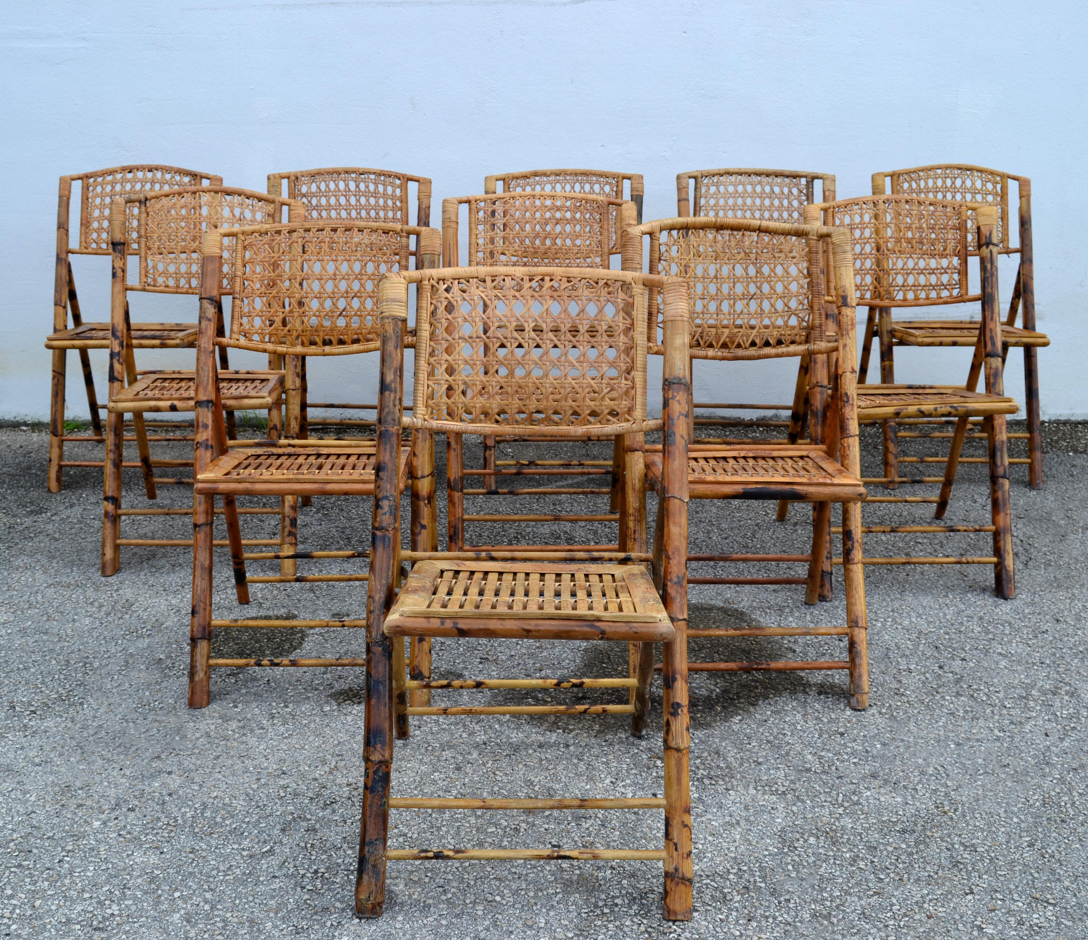 Set de 11 sillas plegables de bambú Tigre Quemado, de los años 70 Bohemian Chic en venta 6